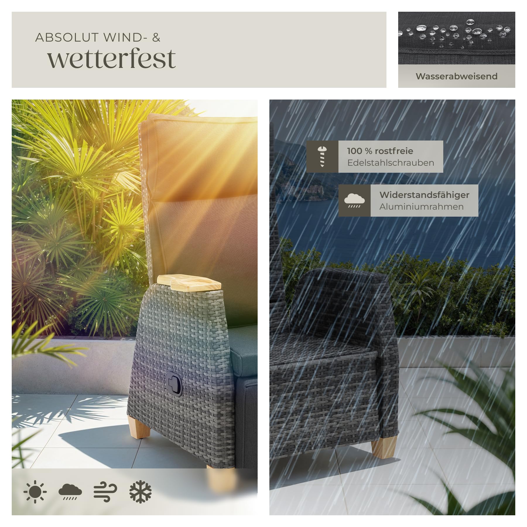 Tectake Rattan Outdoor Sessel Hochlehner mit Fußstütze verstellbare Lehne Relaxsessel Liegefunktion 2er Set