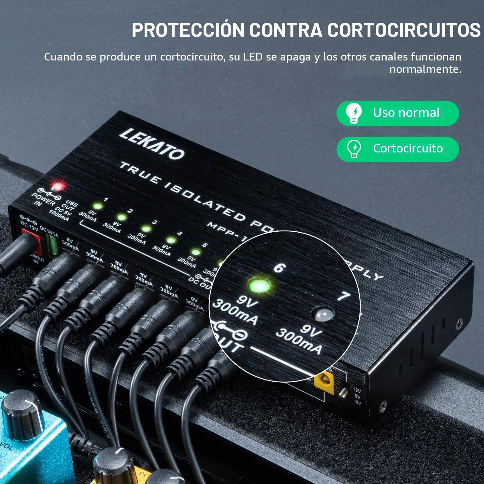 LEKATO Fuente de alimentación para Guitarra, 10 Salidas de CC aisladas para 9 V/12 V/18 V, 100 mA 300 mA 500 mA Fuente de alimentación de Pedal de Efecto con protección contra Cortocircuitos para