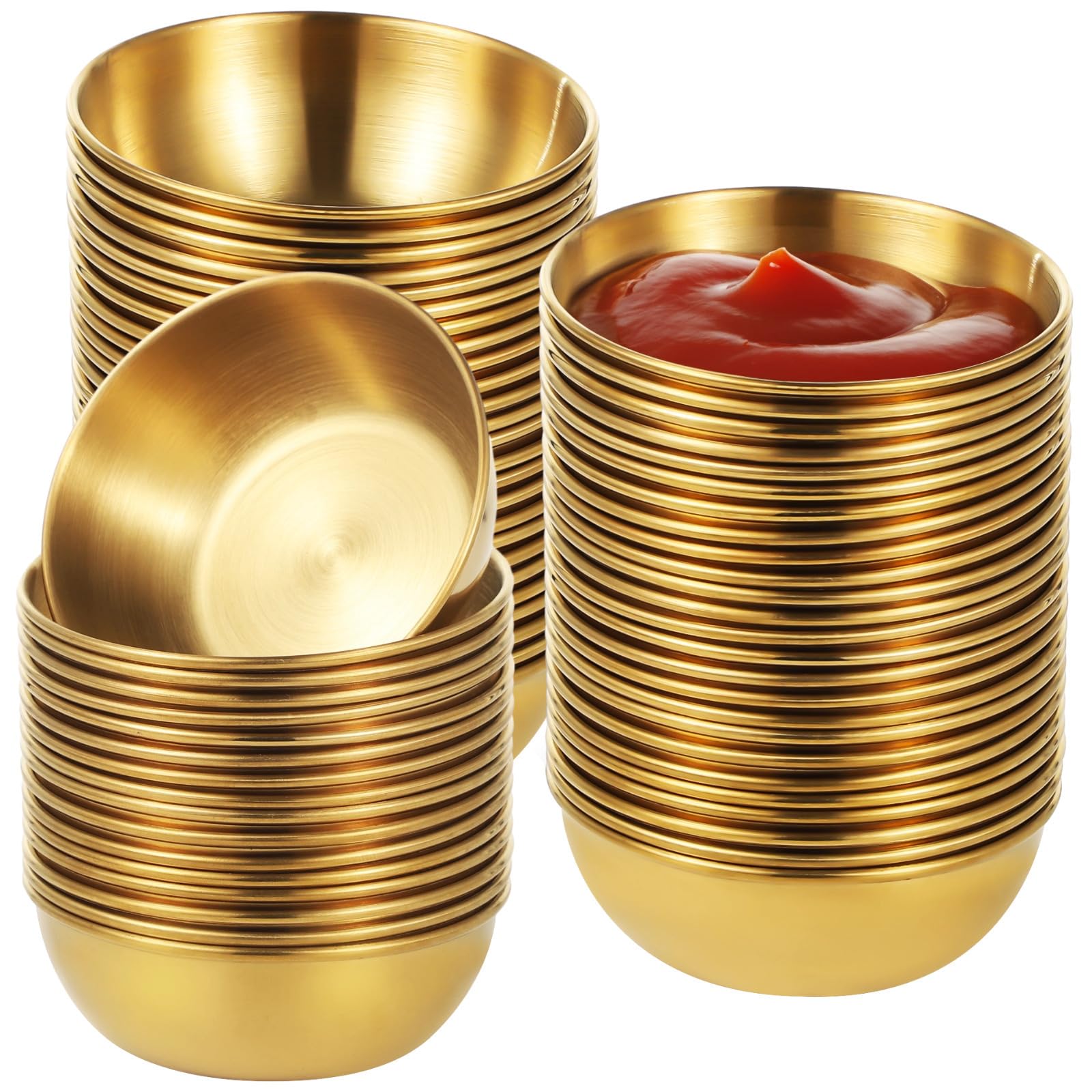 SWEWARM 50 PCS Round Golden Sauce Bowls, 2.4 x 1 in Stainless Steel Dipping Sauce Cups, Small Seasoning Dish Sauce Container, Prep Appetizer Plate, Condiment Holder Bowl for Home Restaurant Party