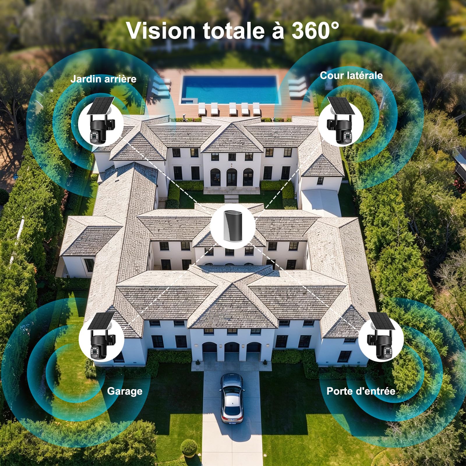 4K Camera Surveillance WiFi Exterieure sans Fil,Kit de 4 Caméras Solaires Extérieur avec Home Station,sans Abonnement,Stockage Local Intégré 32 Go,360° PTZ,Suivi Automatique,Vision Nocturne,2,4/5 GHz