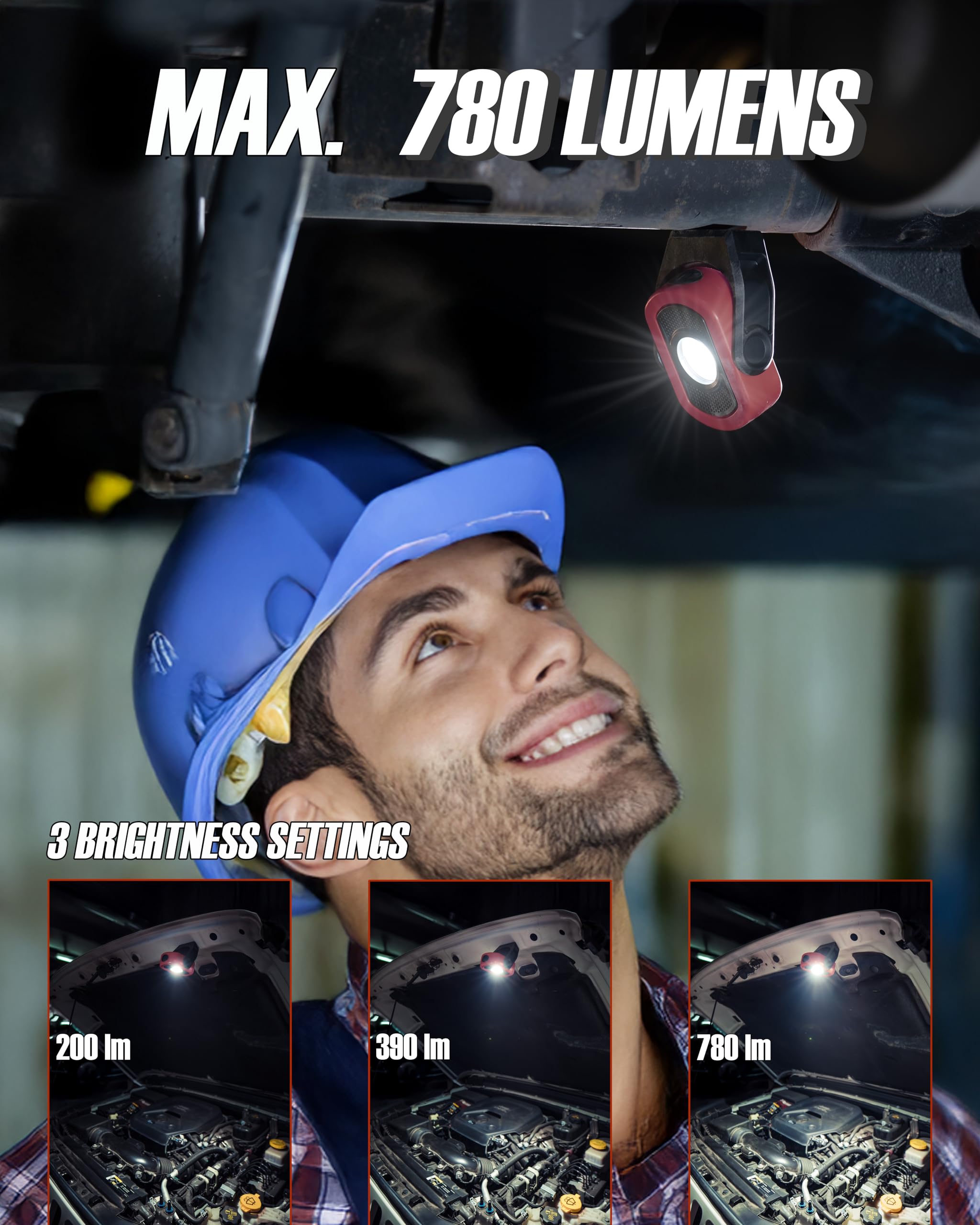 Magnetische Arbeitsleuchte - 780 Lumen Kompaktes Taschenlicht, wiederaufladbar 3000mAh, 360° schwenkbar, langlebig & tragbar für Mechaniker & Baustellen (Rot, 2er-Pack)