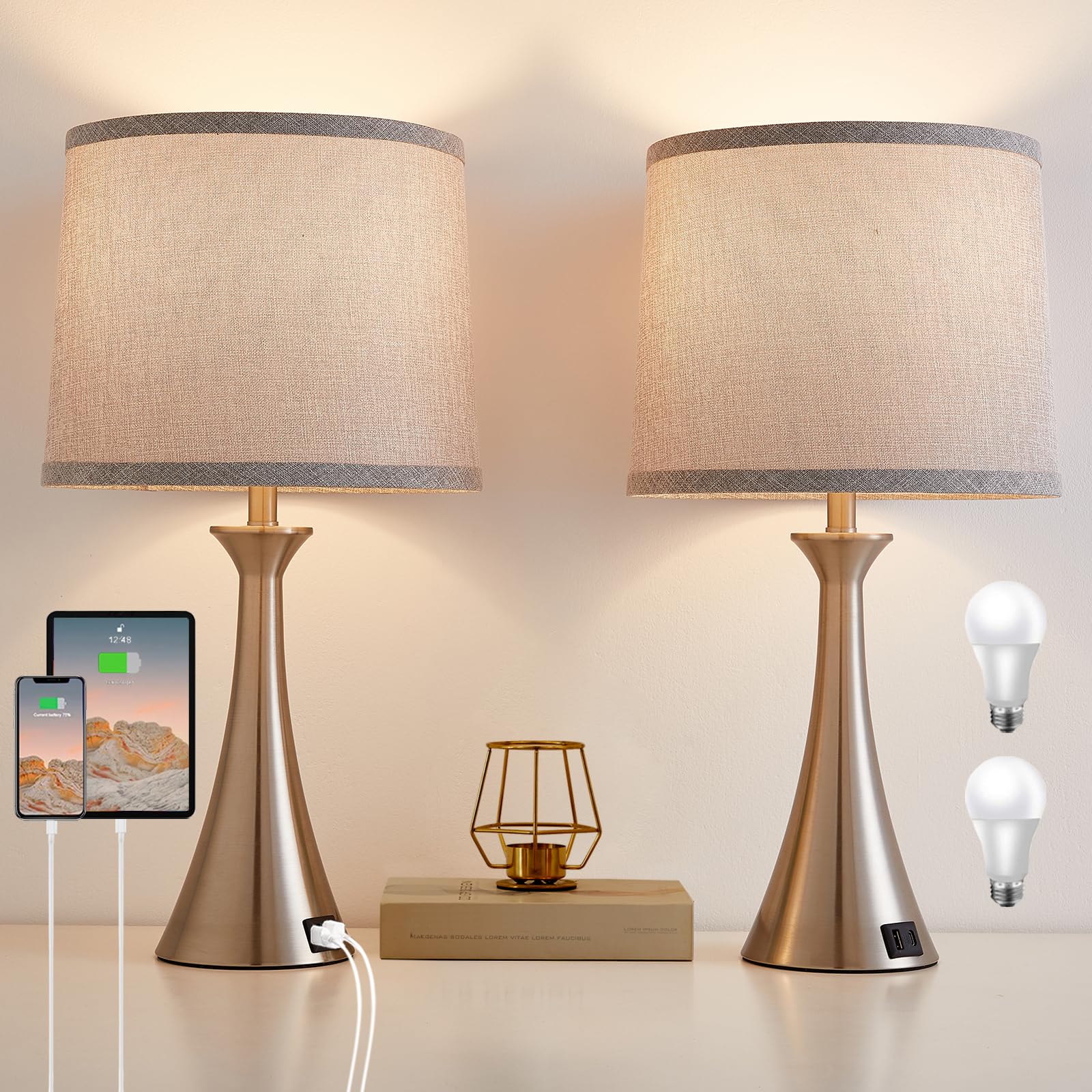 Hikczc Touch Lamp for Living Room Bedroom, 21" Table Lamps Set of 2 with USB C+A Ports and Grey Lamp Shades, Touch Bedside Lamps for Nightstand with 3 Way Dimmable, 2 LED Bulbs Included, Silver