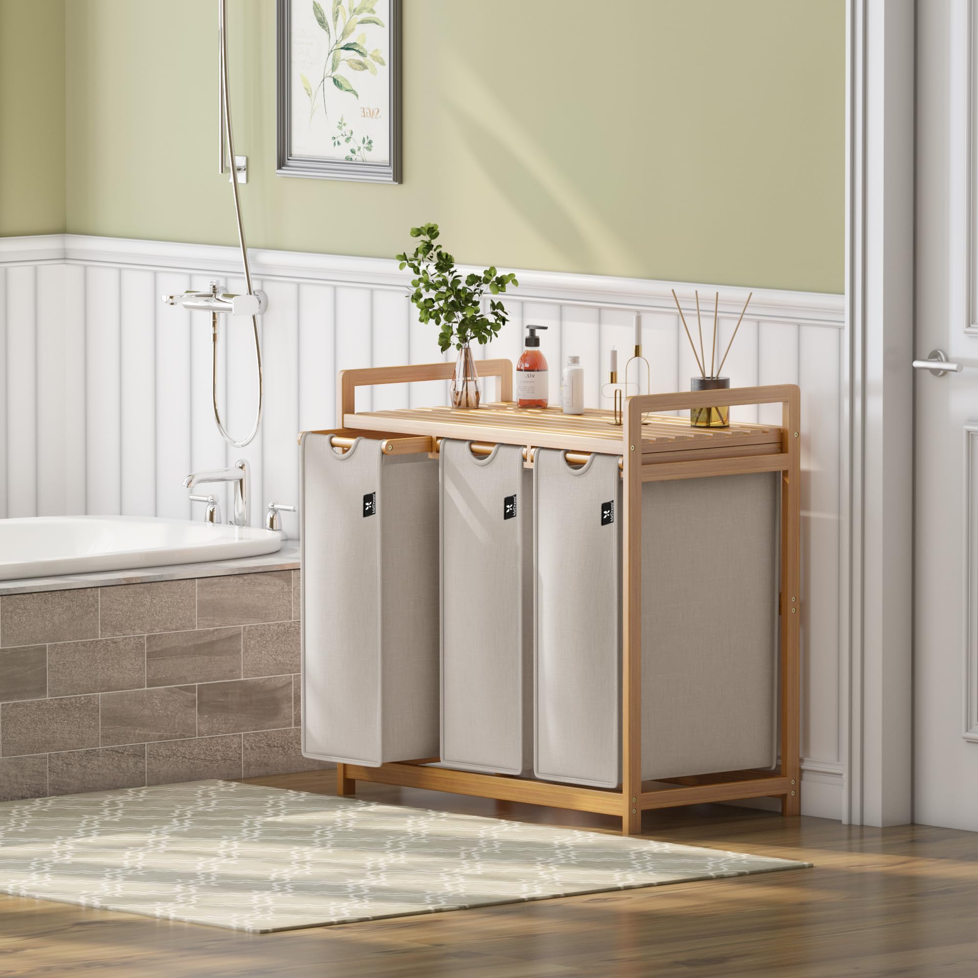 AdelDream Cesto Portabiancheria Cesto per Bucato 150L Organizzatore Lavanderia con 3 Scomparti in Bambù Selezionatore di Bucato Grigio Chiaro