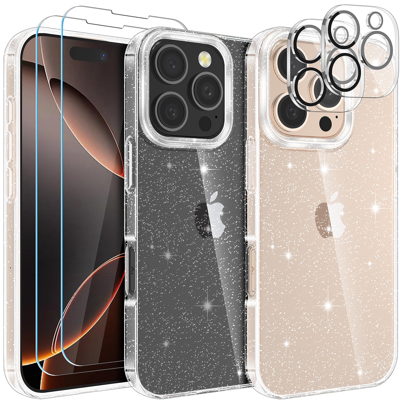 YIRSUR Compatible with iPhone 16 Pro 6.3 Inch Glitter Clear Case with 2X Screen Protector with 2X Camera Lens Protector