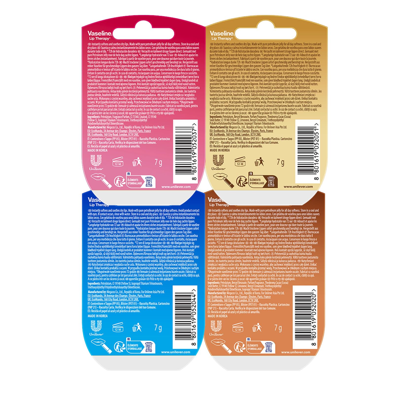 Vaseline Lip Therapy | Balsamo idratante per le labbra | Set di 4 balsami | Rosy, Crème Brûlée, Original, Cocoa Butter (Set di 4 balsami)