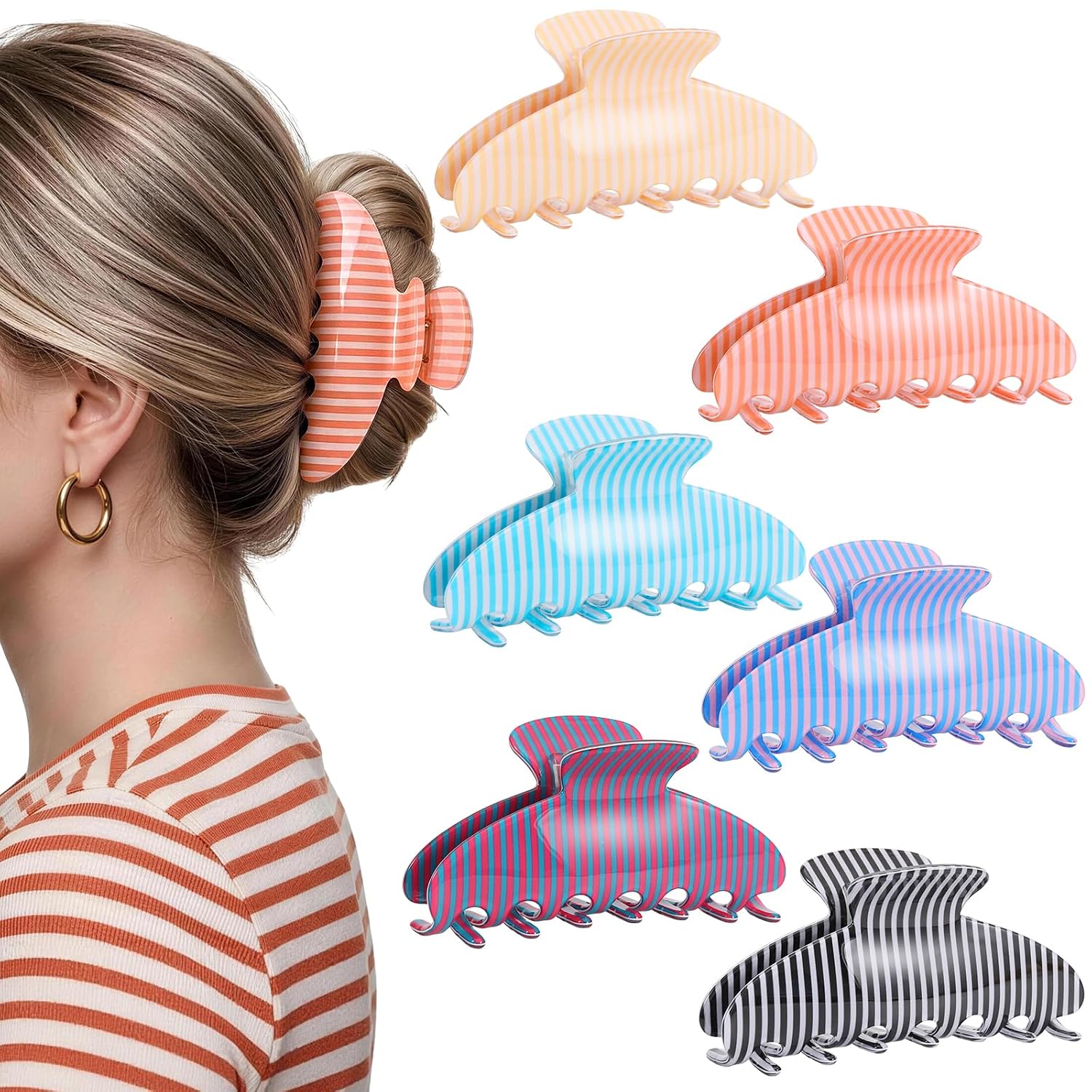 6 Pcs Striped Large Hair Claw Clips