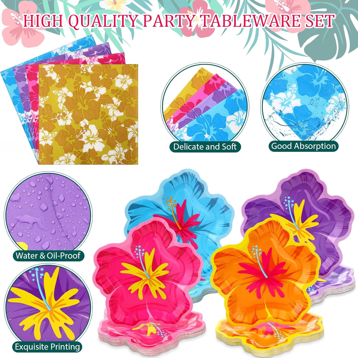Yungyan 300 Pcs Hibiscus Floral Paper Plates Napkins Bulk Hawaiian Luau Party Tableware Set Hibiscus Flowers Disposable Plates Forks Summer Hawaiian Safari Party Supplies Decoration Serves 60 Guests