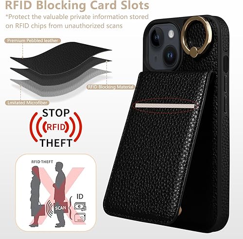 Miniatura 4 de Keallce Funda para iPhone 15 de 6.1 pulgadas, funda cruzada desmontable con soporte para tarjetas de bloqueo RFID, soporte de anillo de 360, funda
