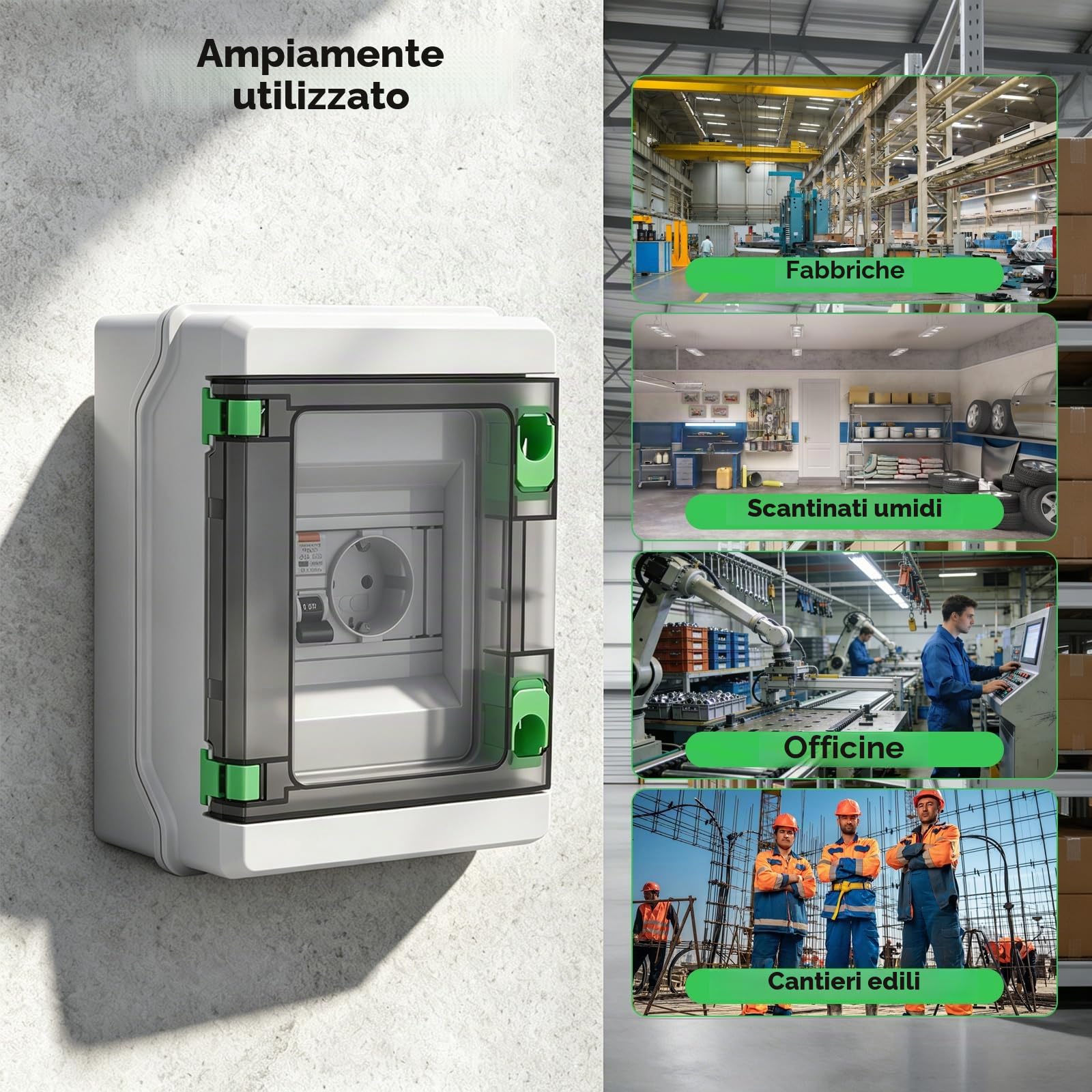 Presa con RCD, Quadro elettrico esterno IP65 Impermeabile con presa Tipo C 16 A e interruttore automatico 16 A 230 V per aree esterne e ambienti umidi