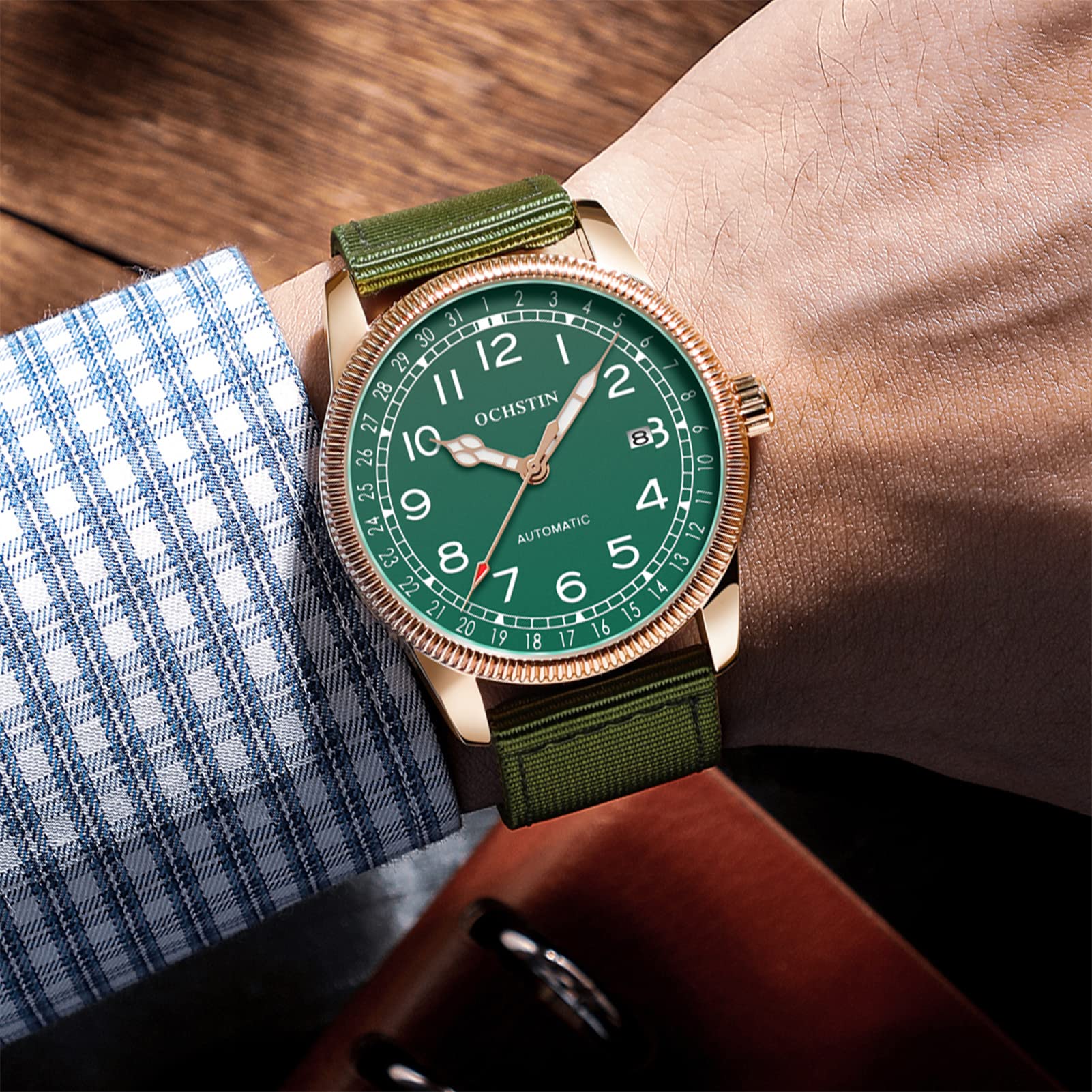 FORSINING Herren-Armbanduhr, automatisch, mechanisch, mit Lederband, modisch, Business, analog, Datumsanzeige, Uhren, wasserdicht, grün, Armband