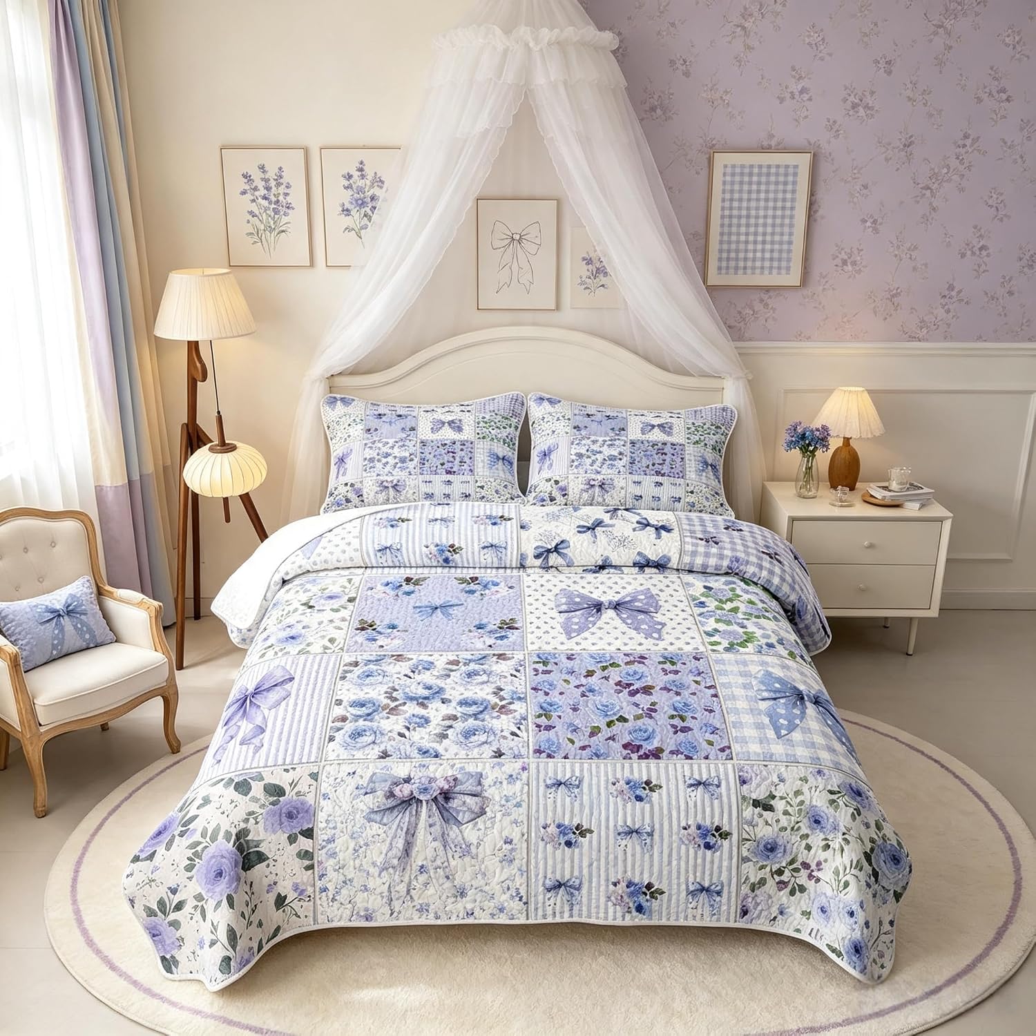 Castle Fairy Boho Dot Floral Kids Quilt Set Full Size,Pink Green Coquette Bows Quilted Bedspread,Preppy Style Quilted Coverlet with 2 Pillow Sham,Pink Bed Covers for All Season