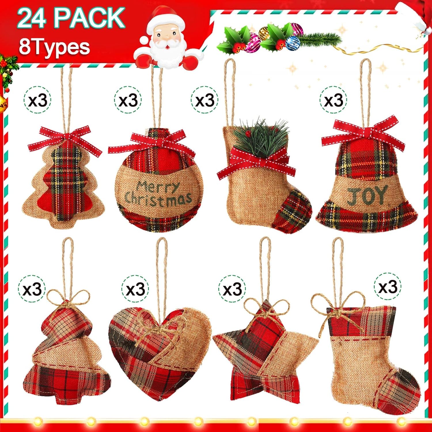 24 Pcs Burlap Christmas Ornaments Set Mini Stockings Funny Christmas Tree Ornaments Rustic Decorations Red Plaid Tartan Hanging Decoration Stocking Ball Tree, 8 Styles(Fresh)