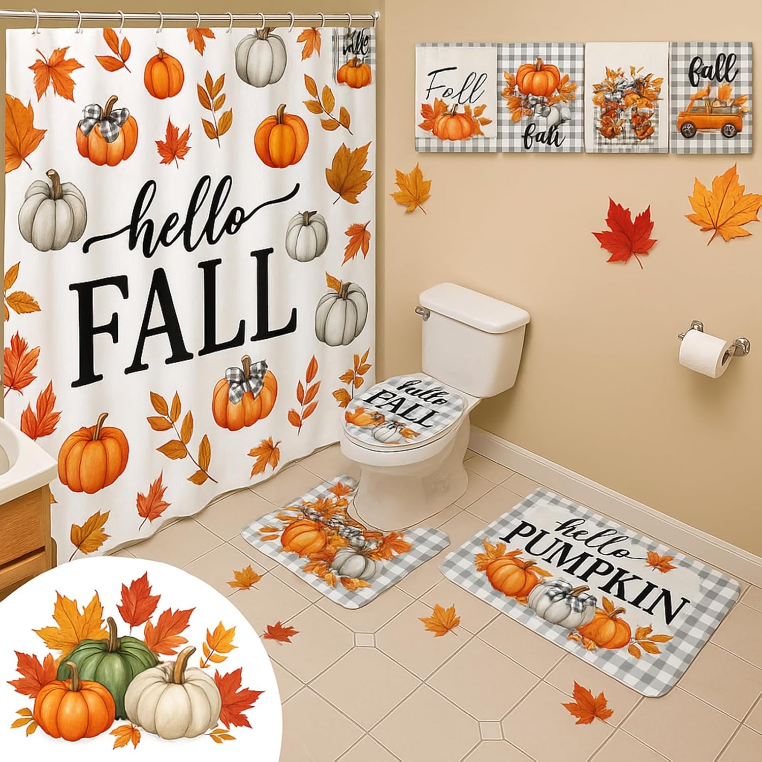 SmoothNovelty 8 Pcs Thanksgiving Shower Curtain Set Hello Fall Bathroom Curtain with 12 Hooks Autumn Harvest Pumpkin Bath Non-Slip Rugs Toilet Lid Cover Bath Waterproof Mat for Bathroom Decor