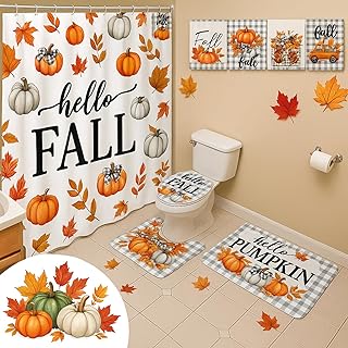 8 Pcs Thanksgiving Shower Curtain Set Hello Fall Bathroom Curtain with 1...