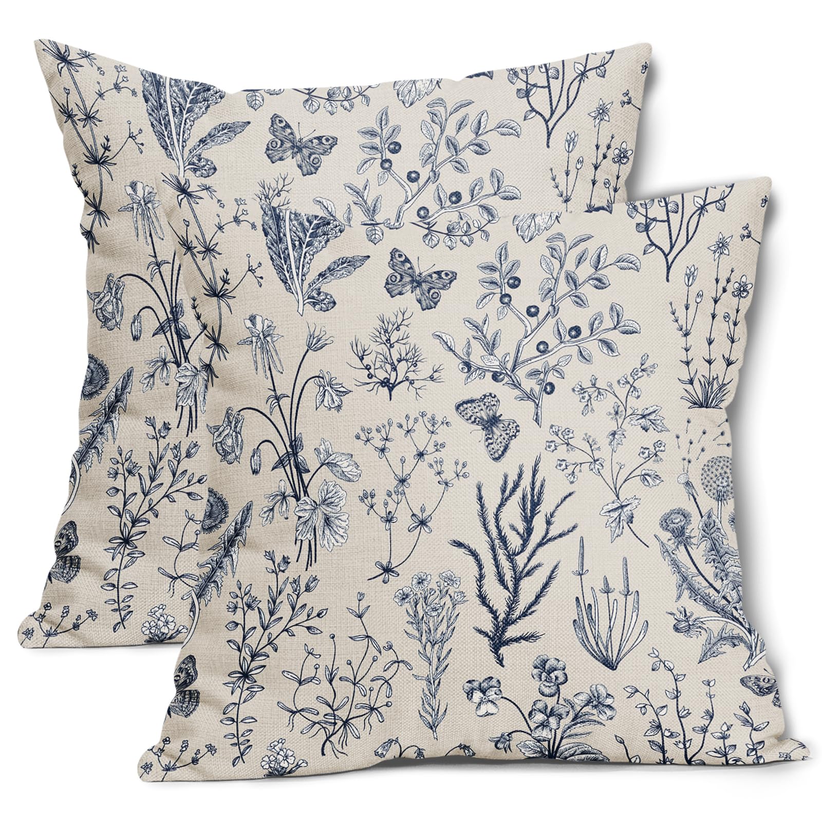 Kawani Spring Blue Floral Pillow Covers 16x16 Inch Vintage Wild Flower Herbs Plant Butterfly Decorative Pillow Cases Botanical Farmhouse Cushion Covers Home Decor for Sofa Couch Outdoor Set of 2