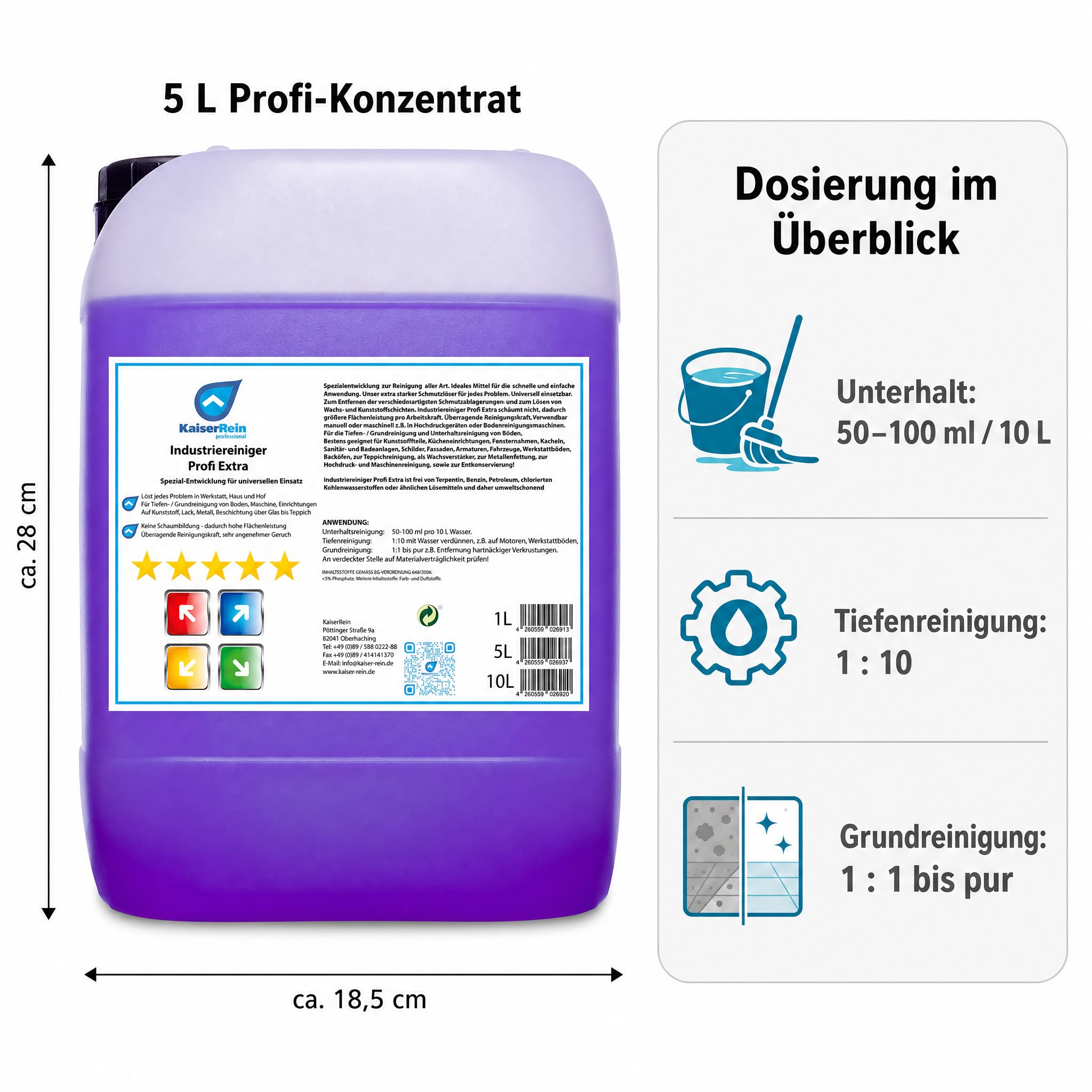 KaiserRein Allzweckreiniger Konzentrat – Industriereiniger Profi Extra,10 L Kanister Universalreiniger für Werkstatt & Haushalt, nicht schäumender Bodenreiniger für Maschinen,