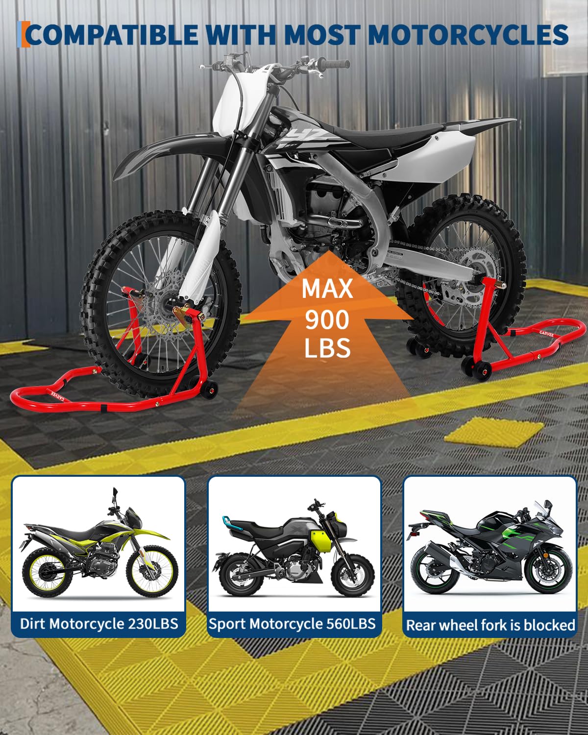 Garvee Supporti per moto anteriori e posteriori, set di sollevamento ruote anteriori e posteriori da 408,2 kg con adattatori a pin + bobina per braccio oscillante regolabile a L, supporti universali