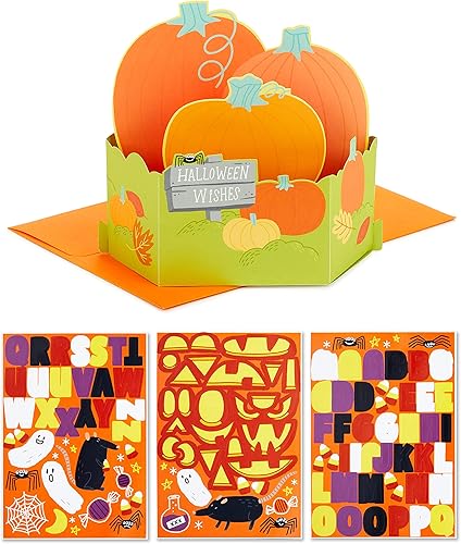 Hallmark Paper Wonder - Tarjeta desplegable de Halloween, parche de calabaza (tarjeta de bricolaje con hojas de calcomanías)