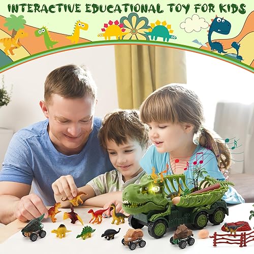 Miniatura 6 de Juegos de juguetes de dinosaurio para niños de 5 años, camiones monstruo de dinosaurio con ojos sonoros y claros, 3 autos de tracción y 12