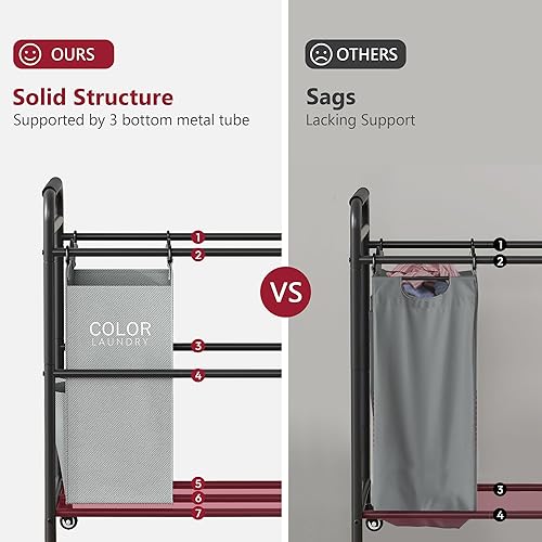 Miniatura 3 de Tajsoon Carrito clasificador de ropa sucia de 5 bolsas, cesta clasificadora de cestas de lavandería con ruedas resistentes con cerradura para