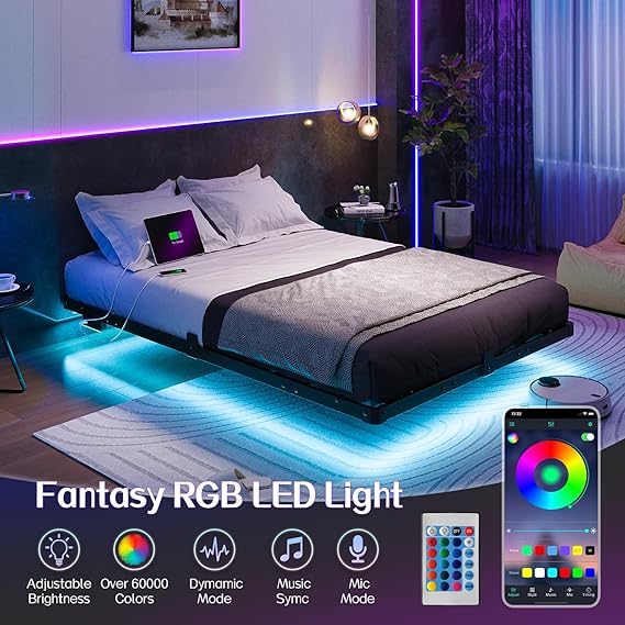 Full Size Modern Floating Bed Frame with Smart LED Lights