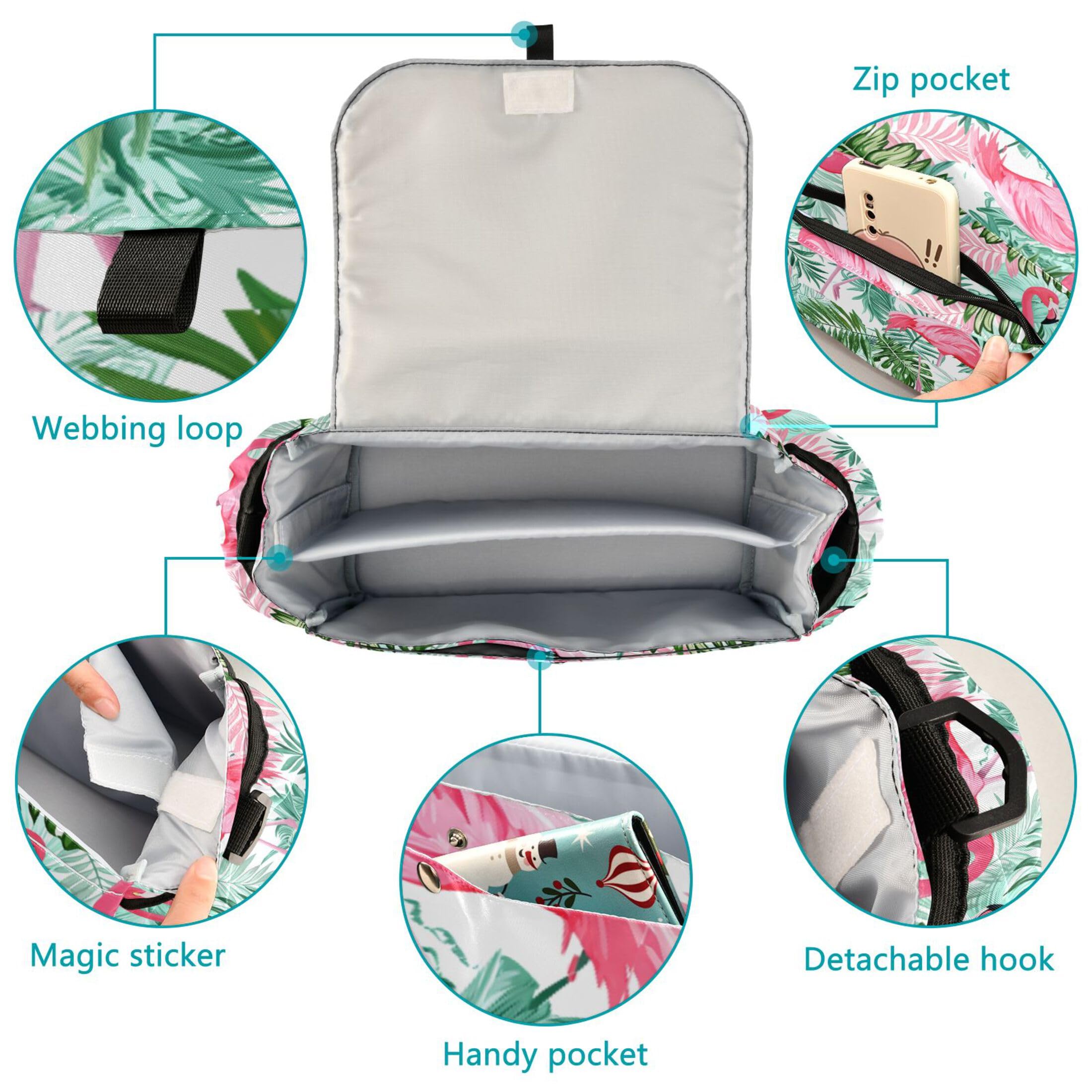 Burbuja Flamingos Green Leaves Stroller Organizer with Insulated Cup Holders, Non-Slip Stroller Caddy Universal Fits Most Strollers, Nursery Accessories