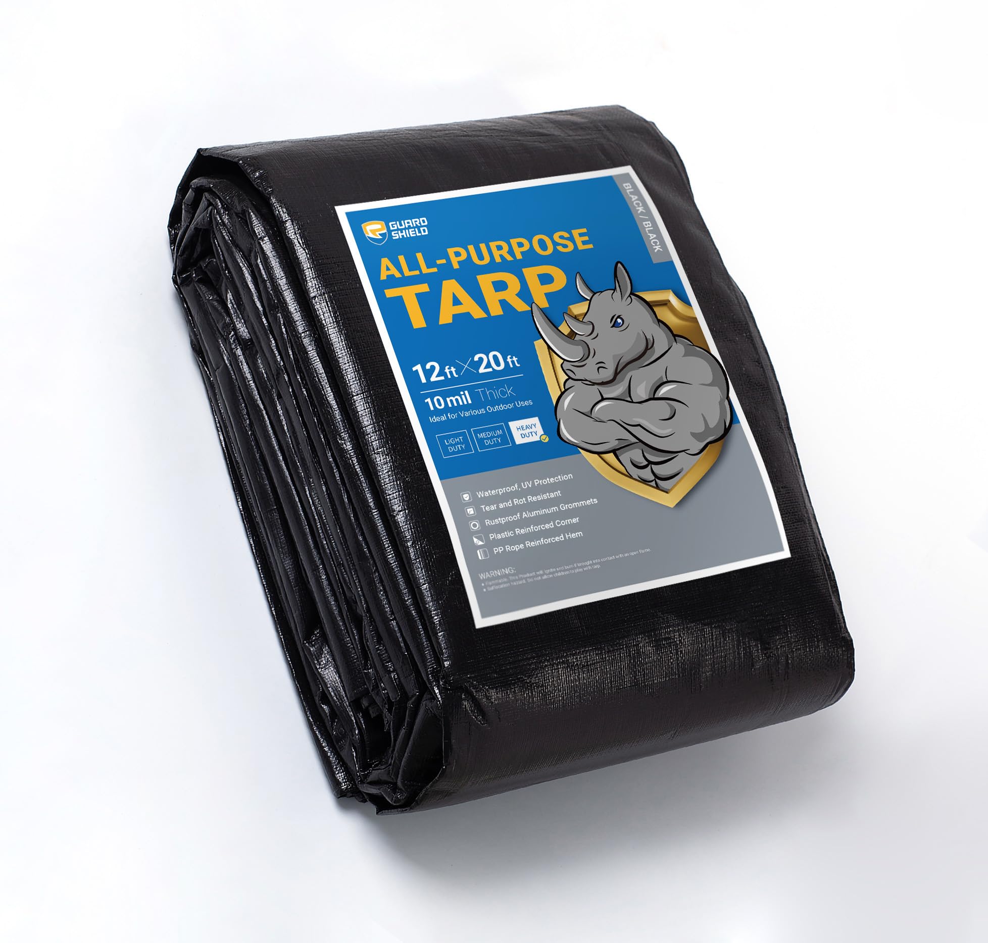 GUARD SHIELD Tarps Heavy Duty Waterproof 12x20 Feet Black Poly Tarp Cover Outdoor Thick UV Resistant Tarpaulin with Grommets 10mil