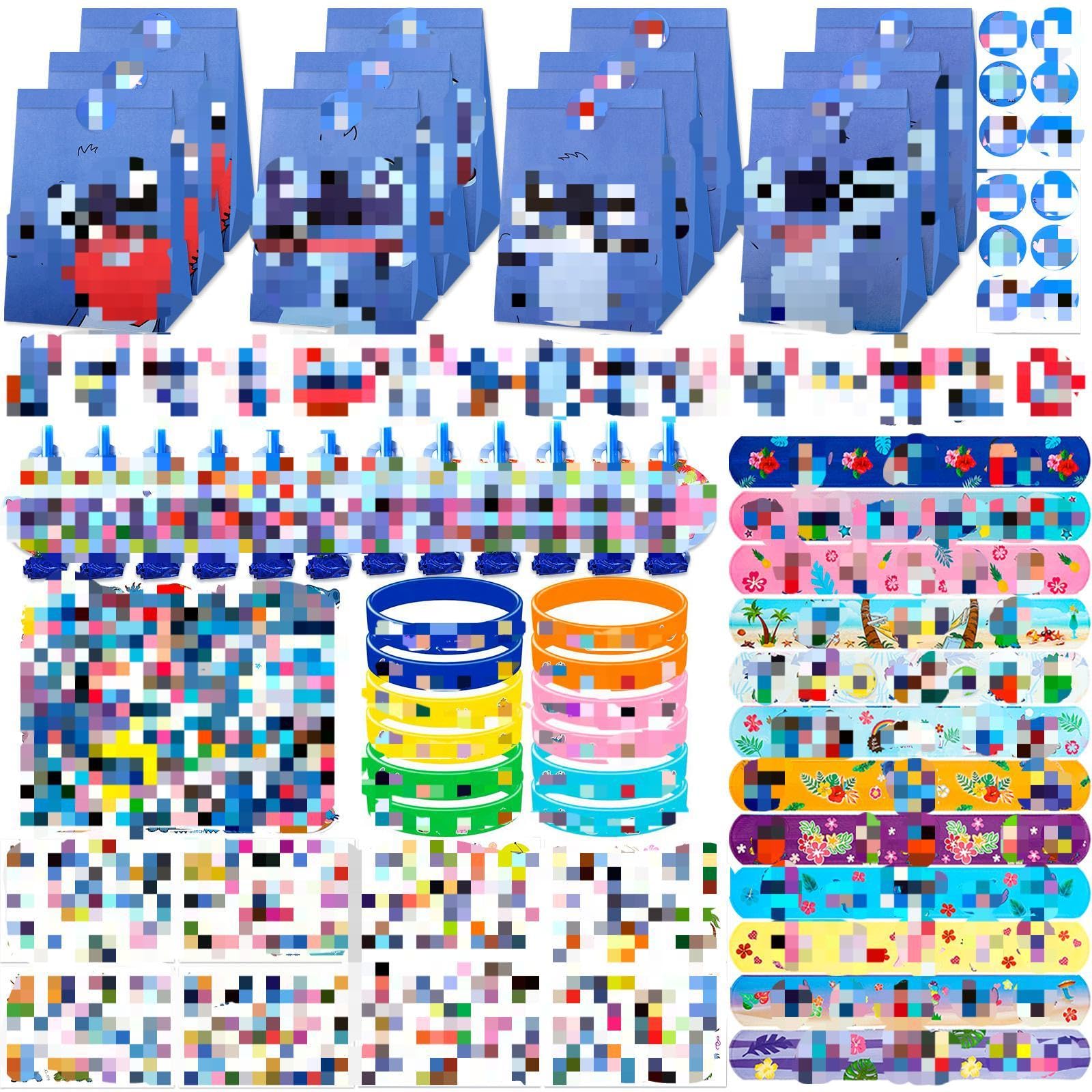 135PCS Cartoon Party Bag Fillers, Theme Kids Party Bag Fillers with 50 Stickers, 12 Paper Gift Bag, 12Pcs Slap Bands, 12Pcs Rubber Bracelets, 15Pcs Button Pins, Party Supplies Kit for Kids Boys Girls