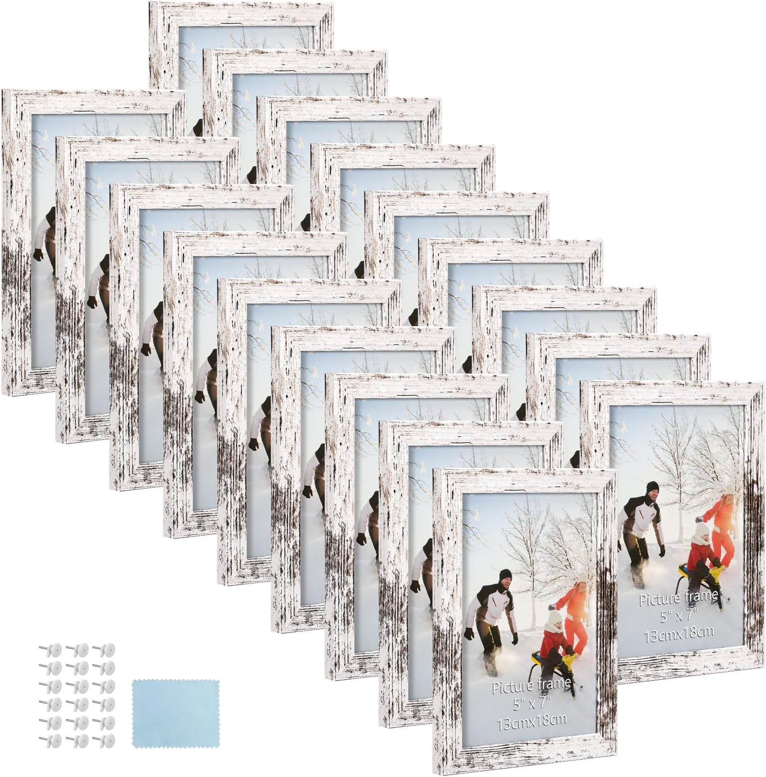PHAREGEDistressed White 5x7 Picture Frame Set of 18, Faux Birch Grain Farmhouse Style, Rustic Photo Frame for Home Room Tabletop or Wall Decor, Display Vertically or Horizontally