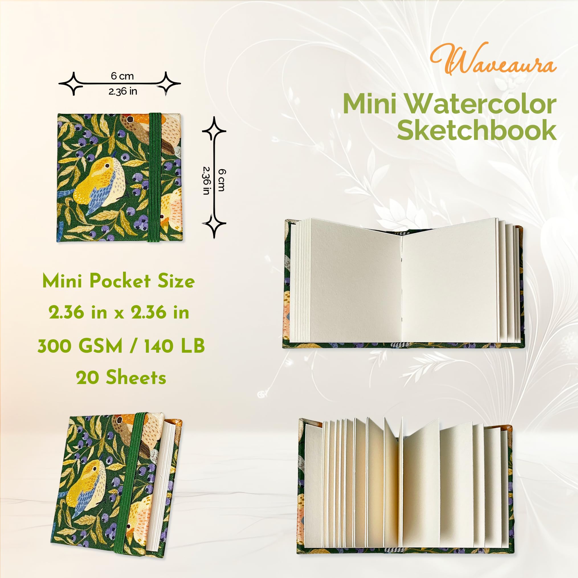 Waveaura Mini Travel Watercolour Sketchbook 6x6 cm Pocket Watercolor Book with Fabric Cover 300gsm 140lb - Image 2