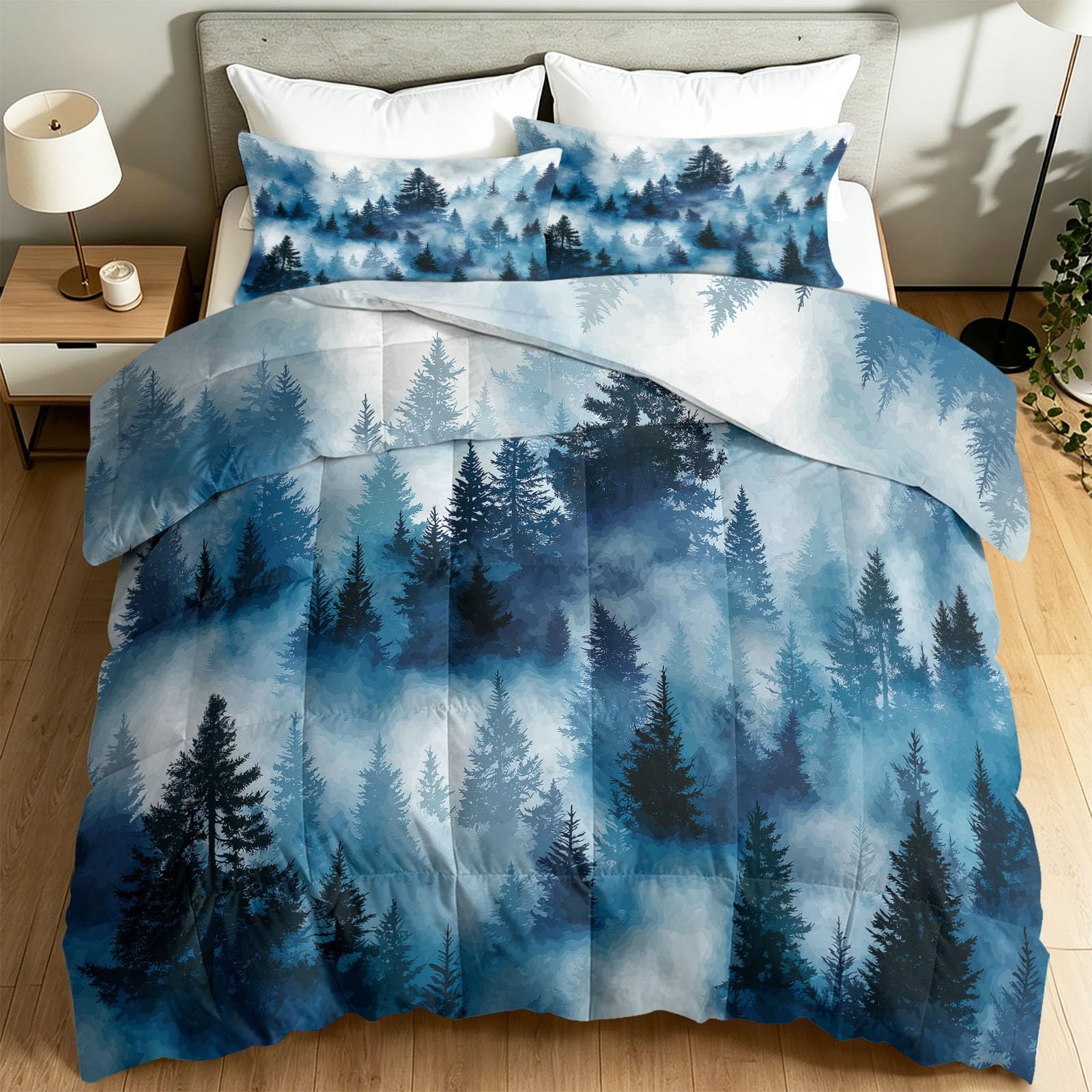Kołdry natura krajobraz 180 x 200 cm, dwustronna pikowana kołdra bez lekkiej i cienkiej poszwy 4 pory roku, zmywalna kołdra oddychająca i miękka leśna mgiełka, niebieska