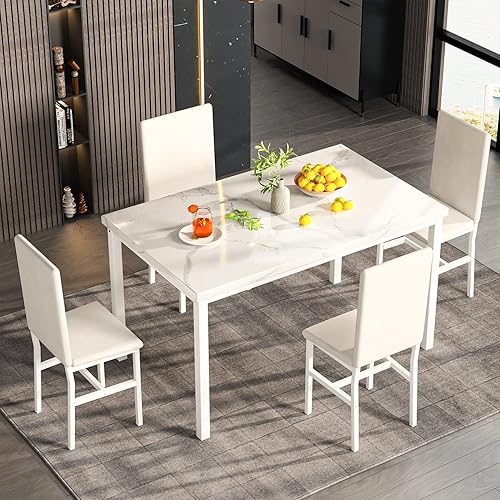 Miniatura 9 de MIERE Juego de mesa de comedor para 4 5 piezas de mármol con 4 sillas de marco de metal de piel sintética para cocina bar sala de estar rincón de