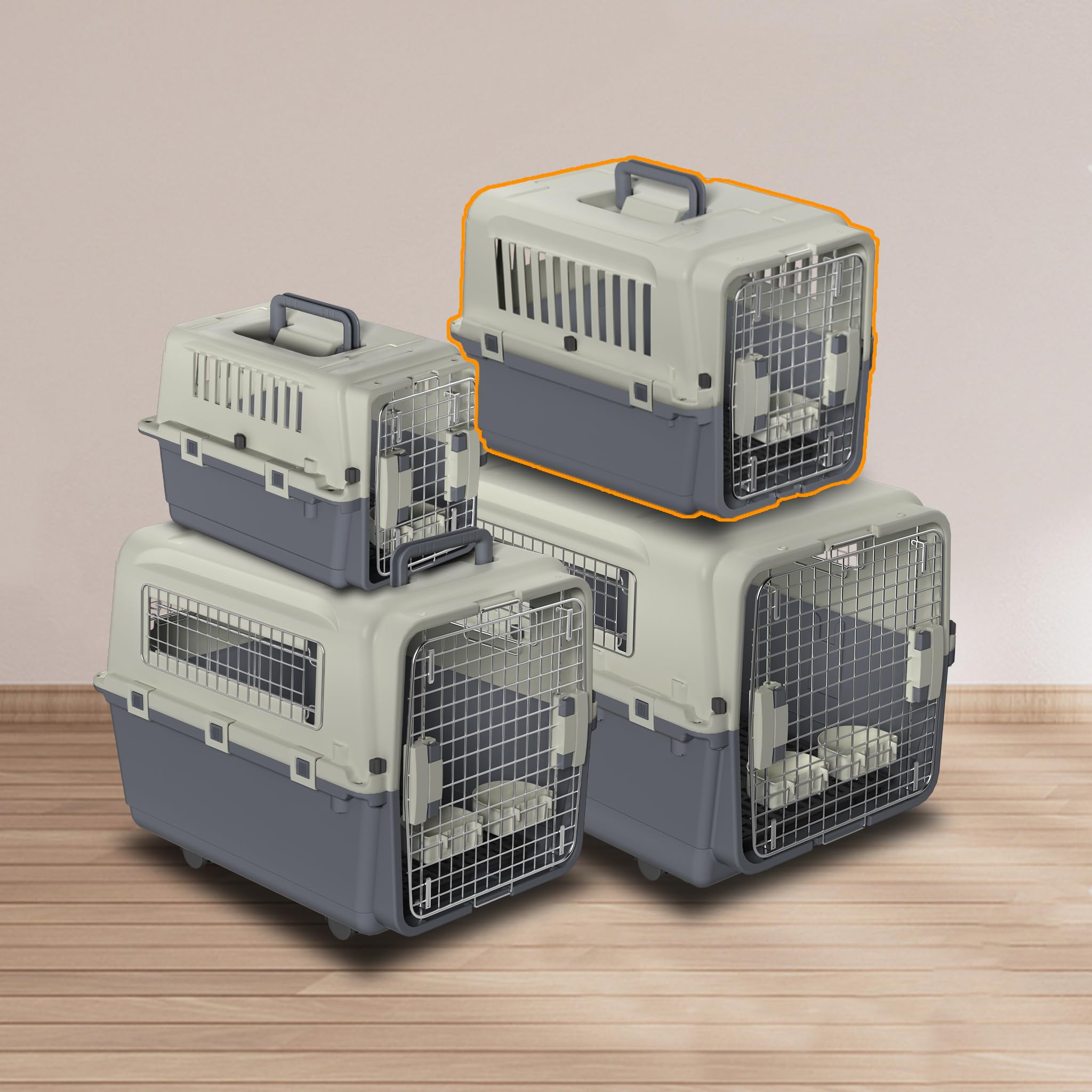 NAIZY Transportbox Hund, 60x39.5x44cm Hundtransportbox Reise & Transport Flugzeugbox mit Metall Tür und Lüftungsschlitze Fenster Hundbox Belastbar bis 9KG inkl. Pinkelpads Fressnäpfe Griff