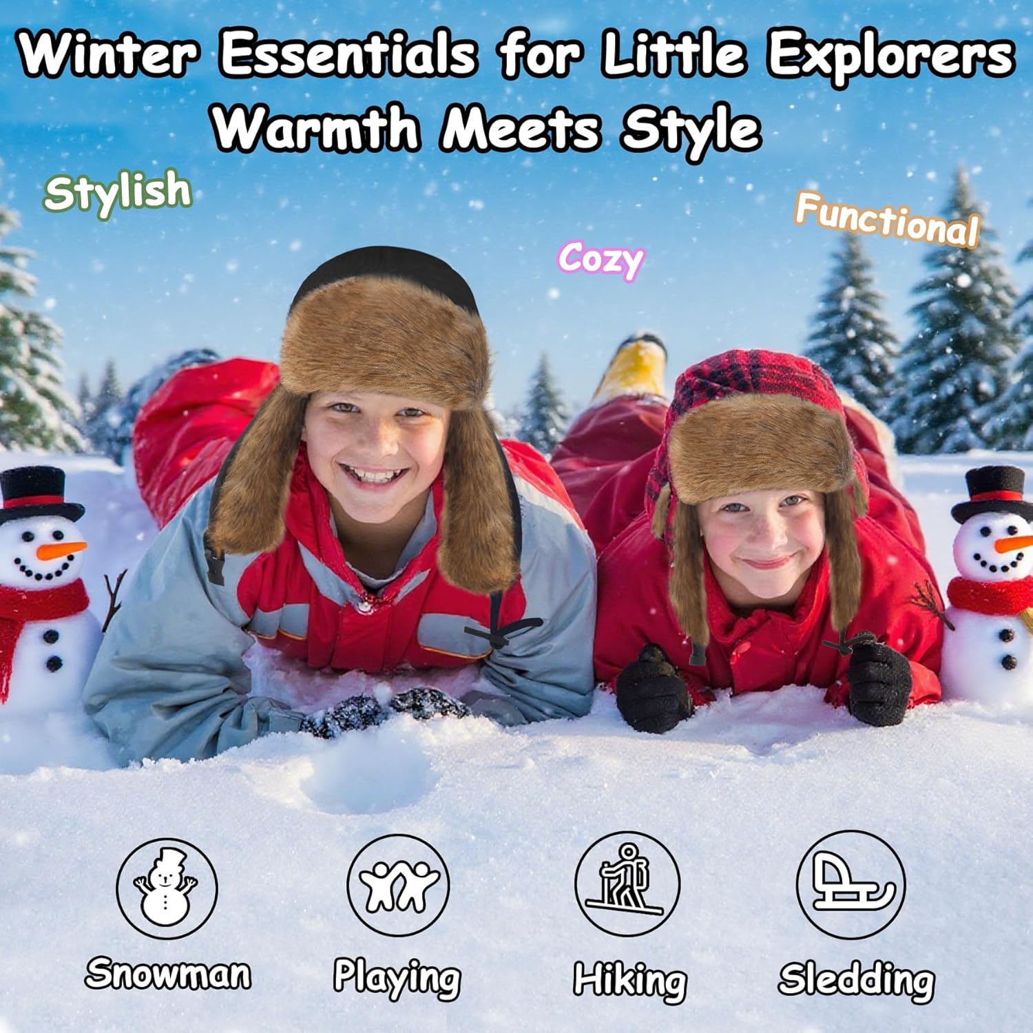 Kids Winter Trappers Hat Toddler Outdoor Windproof Ushanka Ski Cap Ear Flap Chin Strap Snow Hat for 3-8Y - Image 5