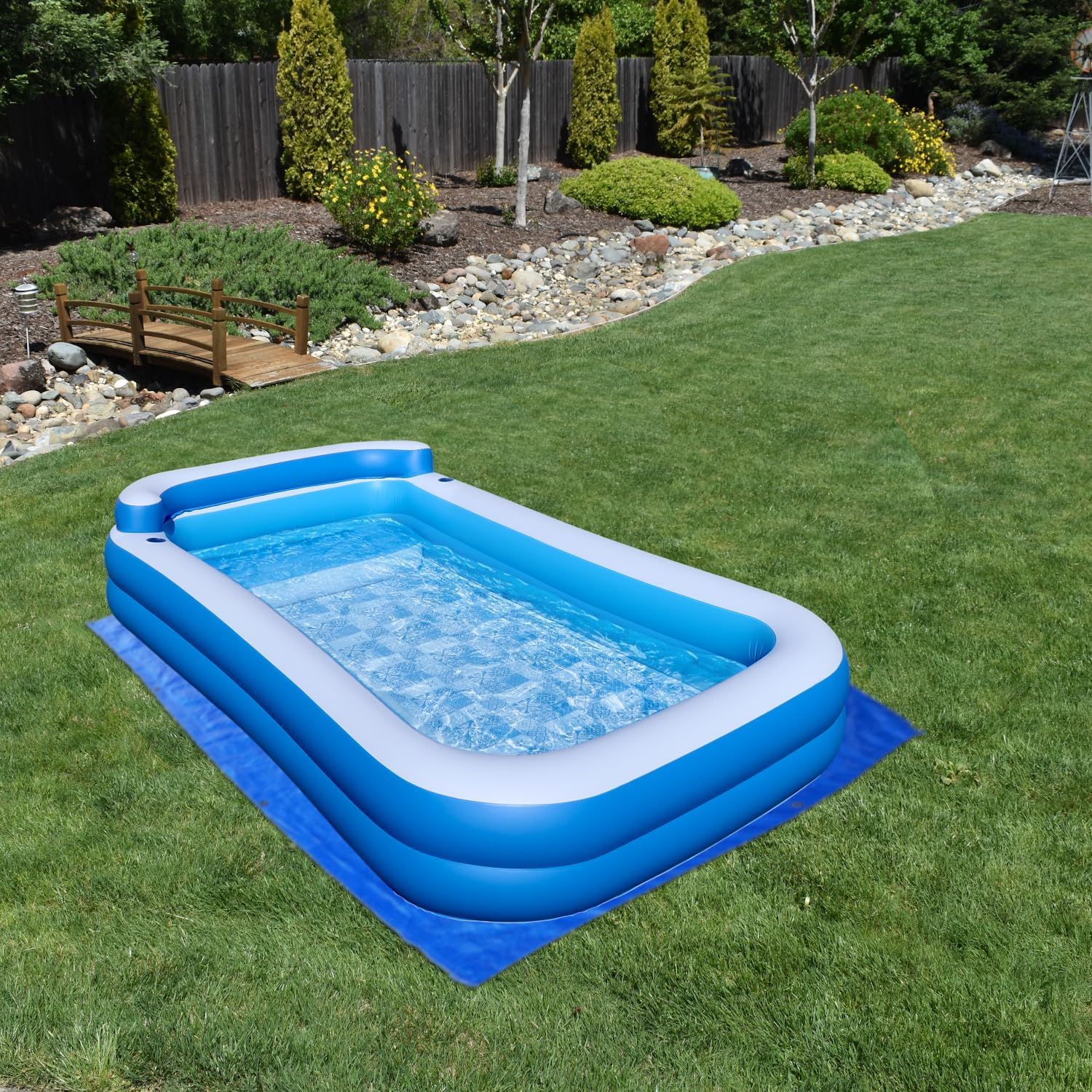Inflatable Pool w/Bench Seat, 10ft x 6ft, Electric Pump & Ground Tarp Included - Fast Setup and Reinforced Seams