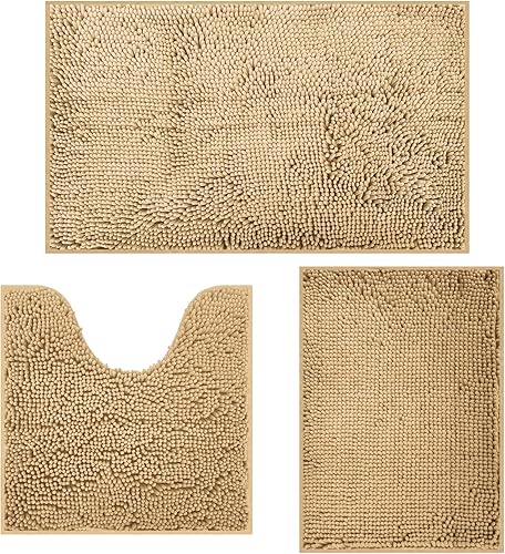 Juego de alfombras de baño de 3 piezas ultra suaves y antideslizantes, de felpilla súper absorbente, alfombras de baño suaves y lavables, tapetes de