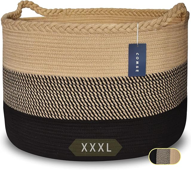 COMSE Extra Large Blanket Basket, Storage Basket, Rope Laundry Basket, 55 x 35 CM, Cotton Rope Basket, XXXL Laundry Basket, Toy Basket, Woven Basket, Clothes Baskets, Brown/Black