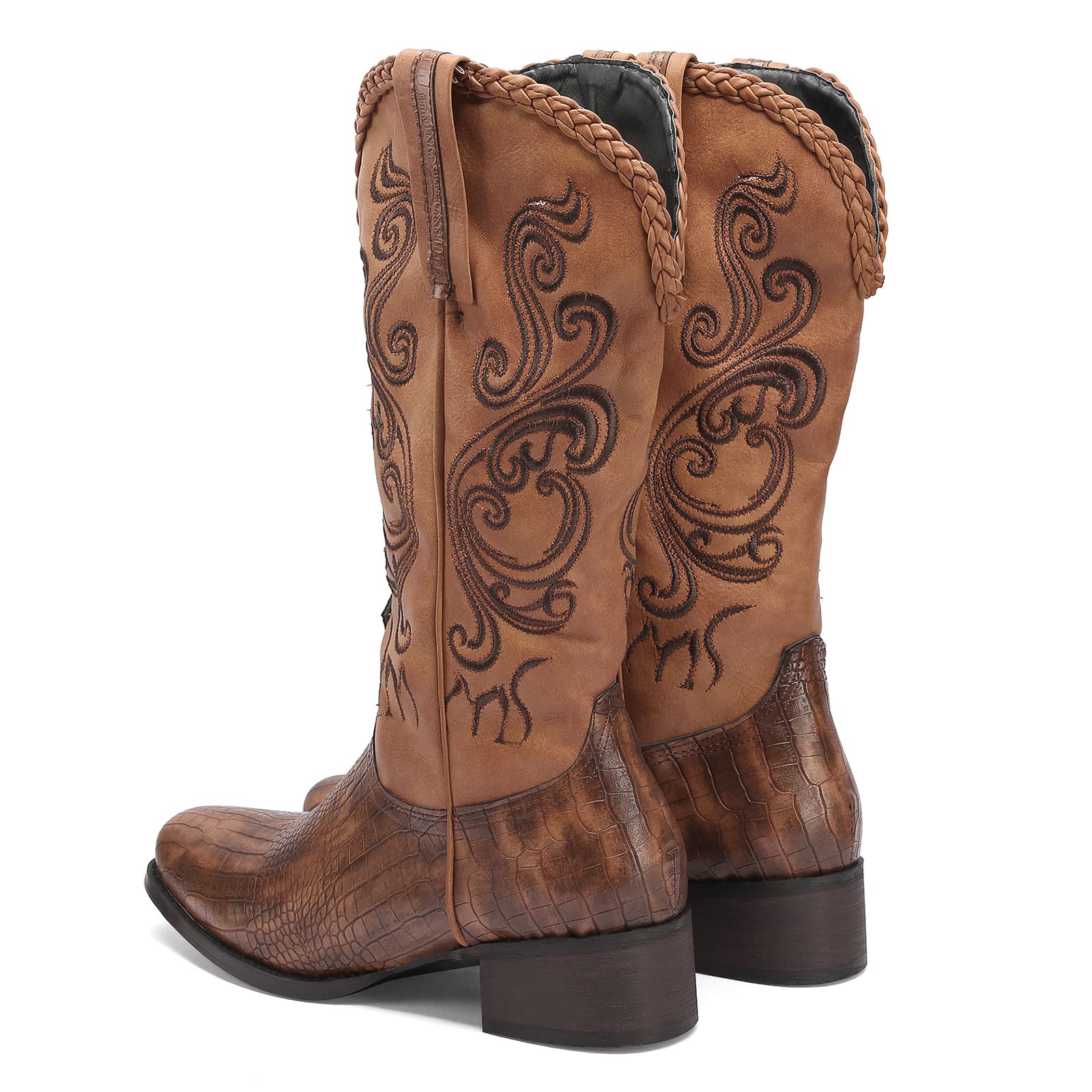 Lizoleor Botas Hasta la Rodilla de Mujer Punta Cuadrado Vaqueras Occidentales Clasico Bordado