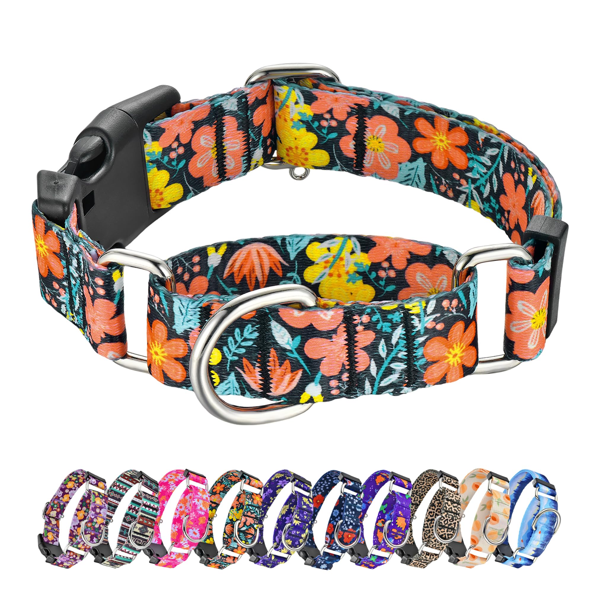 Hikiko Martingale Collar for Dogs Cute Floral Dog Collar for Small Medium Large Dogs Soft Nylon Adjustable Dog Collars (Flower Grass,Large)