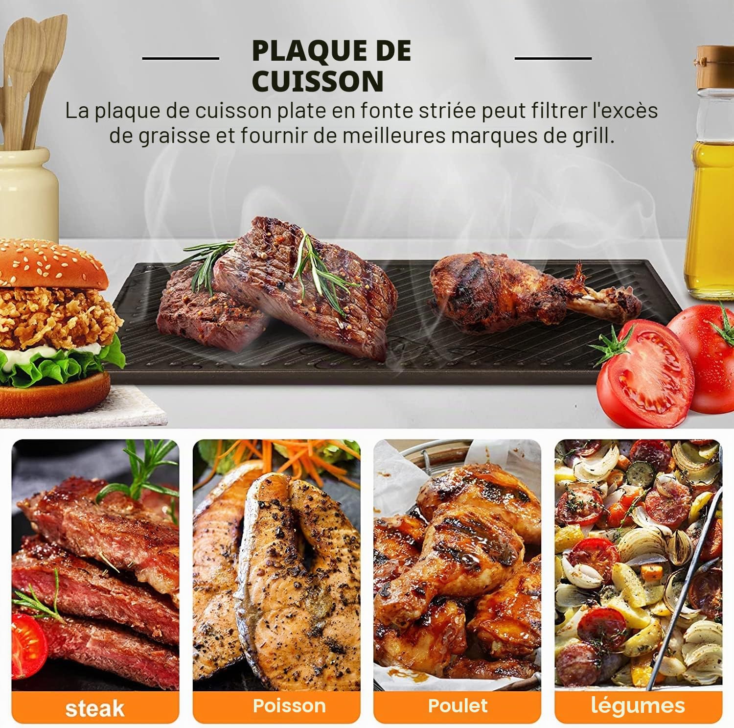 GFTIME Plaques de cuisson en fonte - 41,8 x 24 cm - Pour four, cuisinière et barbecue, barbecue à charbon de bois - Plaque de cuisson réversible 2 en 1-1 paquet