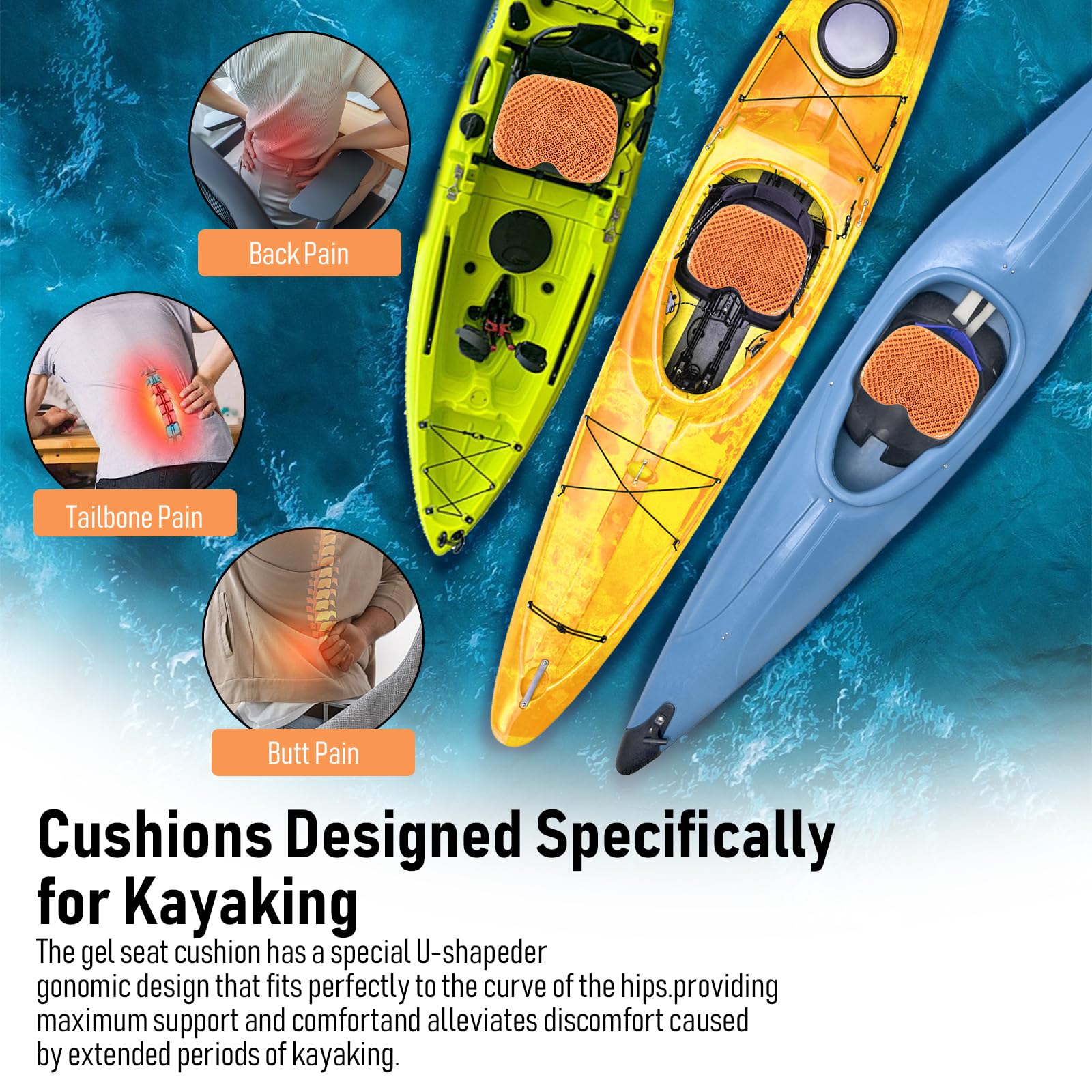 Cuscino per sedile del kayak, addensato, antiscivolo, impermeabile, in gel, portatile, per canoa, canottaggio, gommone, gommoni, stadio, kayak, pesca, kayak, accessori (2 pezzi/arancione)
