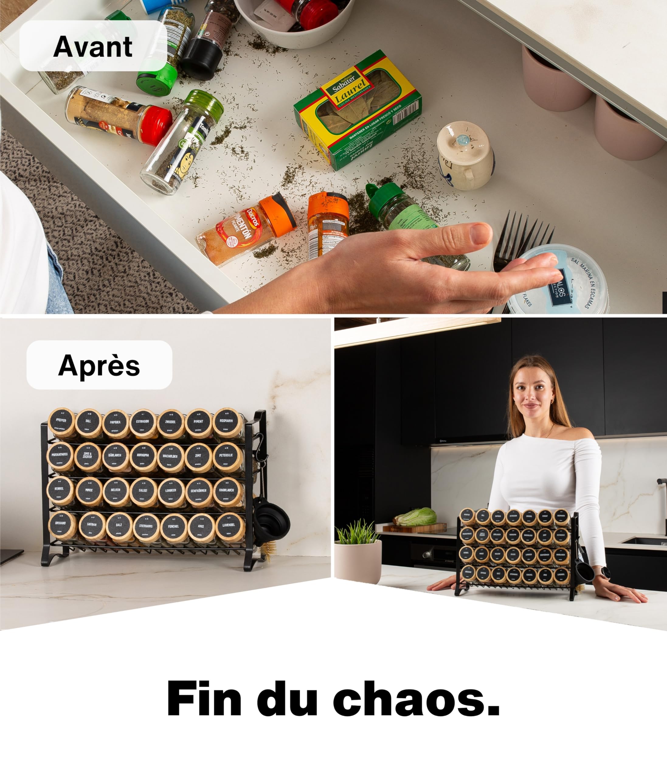 Deco haus® Étagère à épices pour cuisine – 28 pots à épices, organisateur d'épices en métal à 4 niveaux, 28 pots à épices, 144 étiquettes, design autonome ou à monter