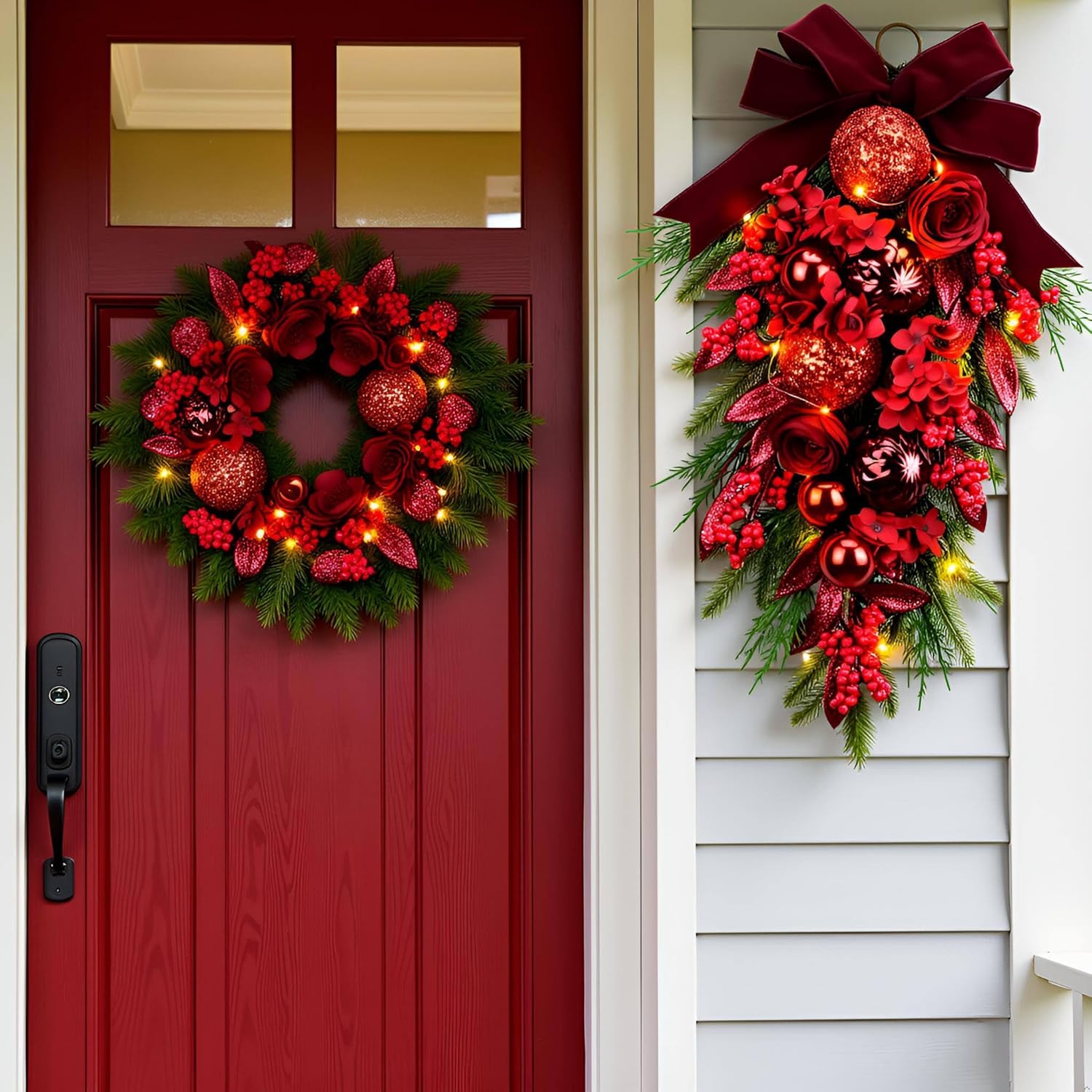 24" Decorative Teardrop Swag, Artificial Christmas Swag with Red Hydrangea & Baubles, Purple Bowknot, Red Berries, Sparkling Leaves, Pine Needles