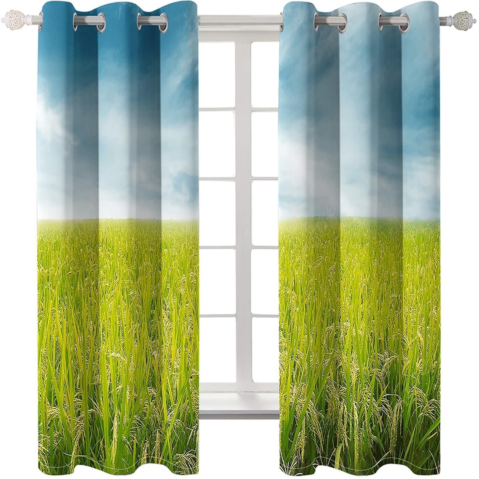 Zasłony kuchenne, zasłony na drzwi przesuwne kuchnia niebieskie zielone niebo i pole ryżowe poliester 2 panele 213 x 213 cm