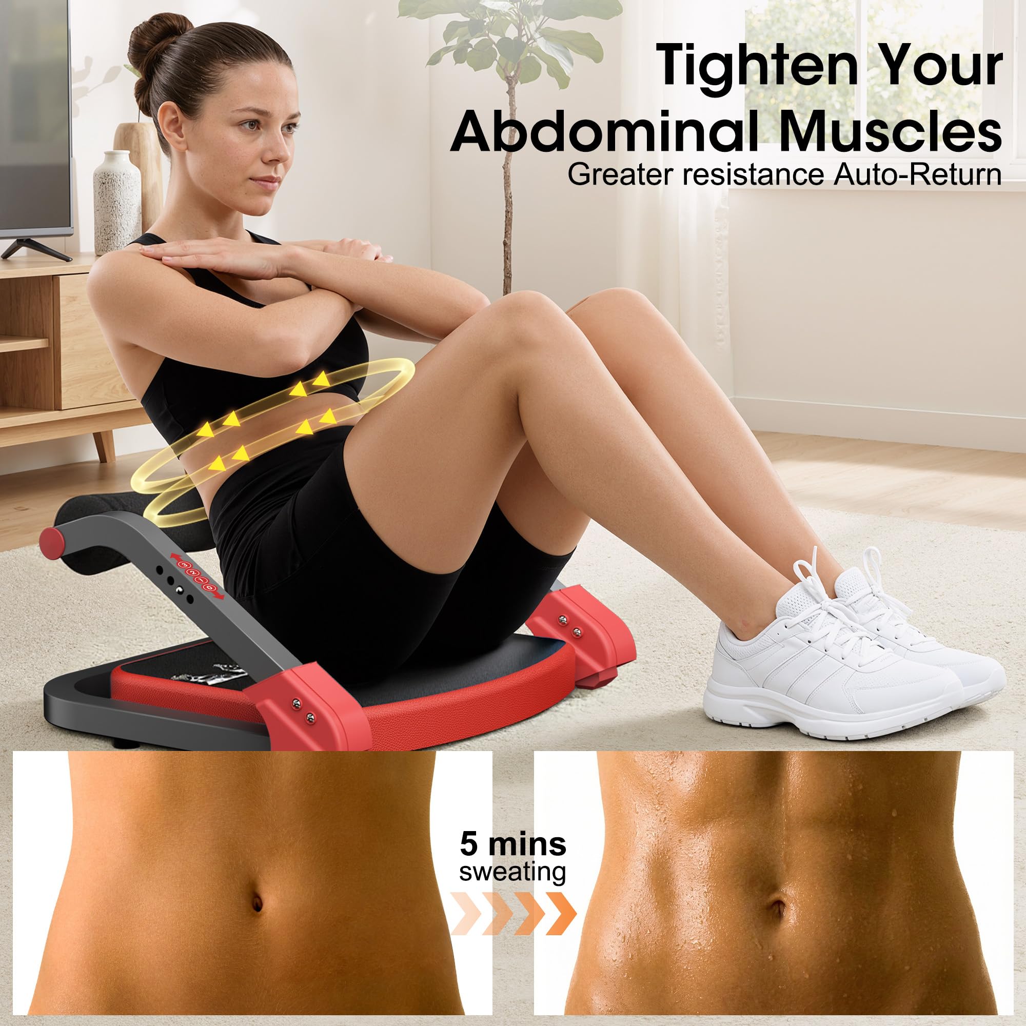 Bauchtrainer, Sit-Up Gerät mit zwei Zugseilen, 4-fach einstellbarer Widerstand, automatischer Rückprall, Ab Trainer für Zuhause und Fitnessstudio
