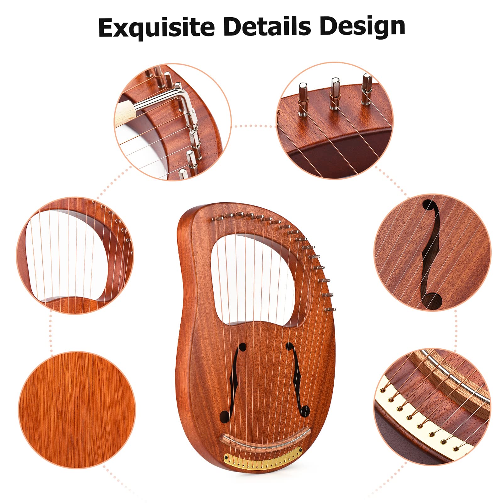 Arpa de lira, WH-16 Arpa de lira de madera de 16 cuerdas, cuerdas de metal, instrumento de cuerda de madera maciza con bolsa de transporte, llave de afinación, limpieza de cuerdas de repuesto, libro