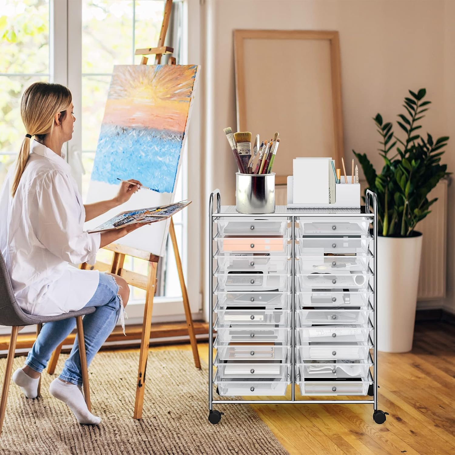 Clear 20-Drawer Rolling Organizer Cart with Chrome Frame