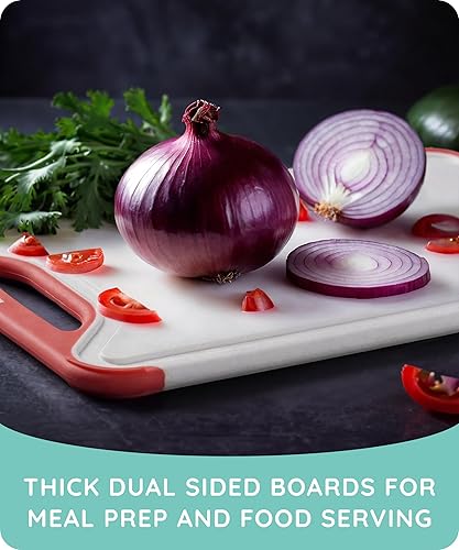 Vista 6 de Juego de 3 tablas de cortar de plástico para cocina, tablas de cortar aptas para lavavajillas con ranuras para jugos para carne, verduras, mango