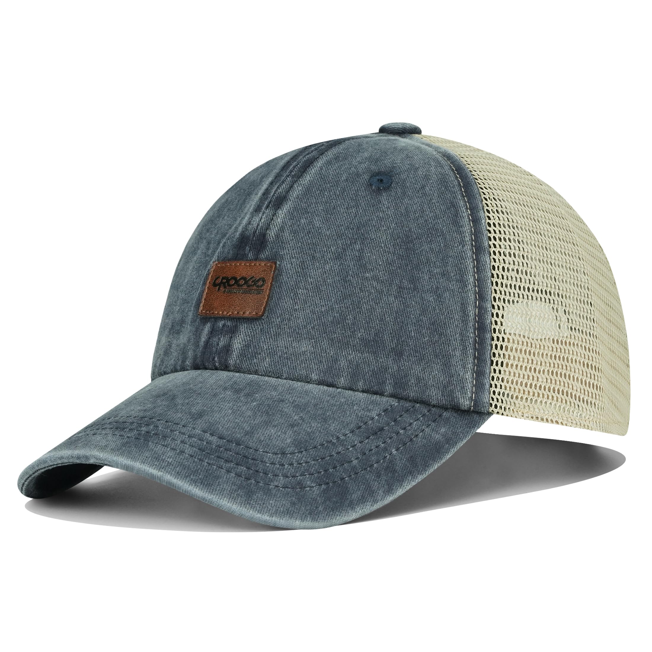 Croogo Leather Patch Mesh Back Cap Washed Cotton Dad Hat