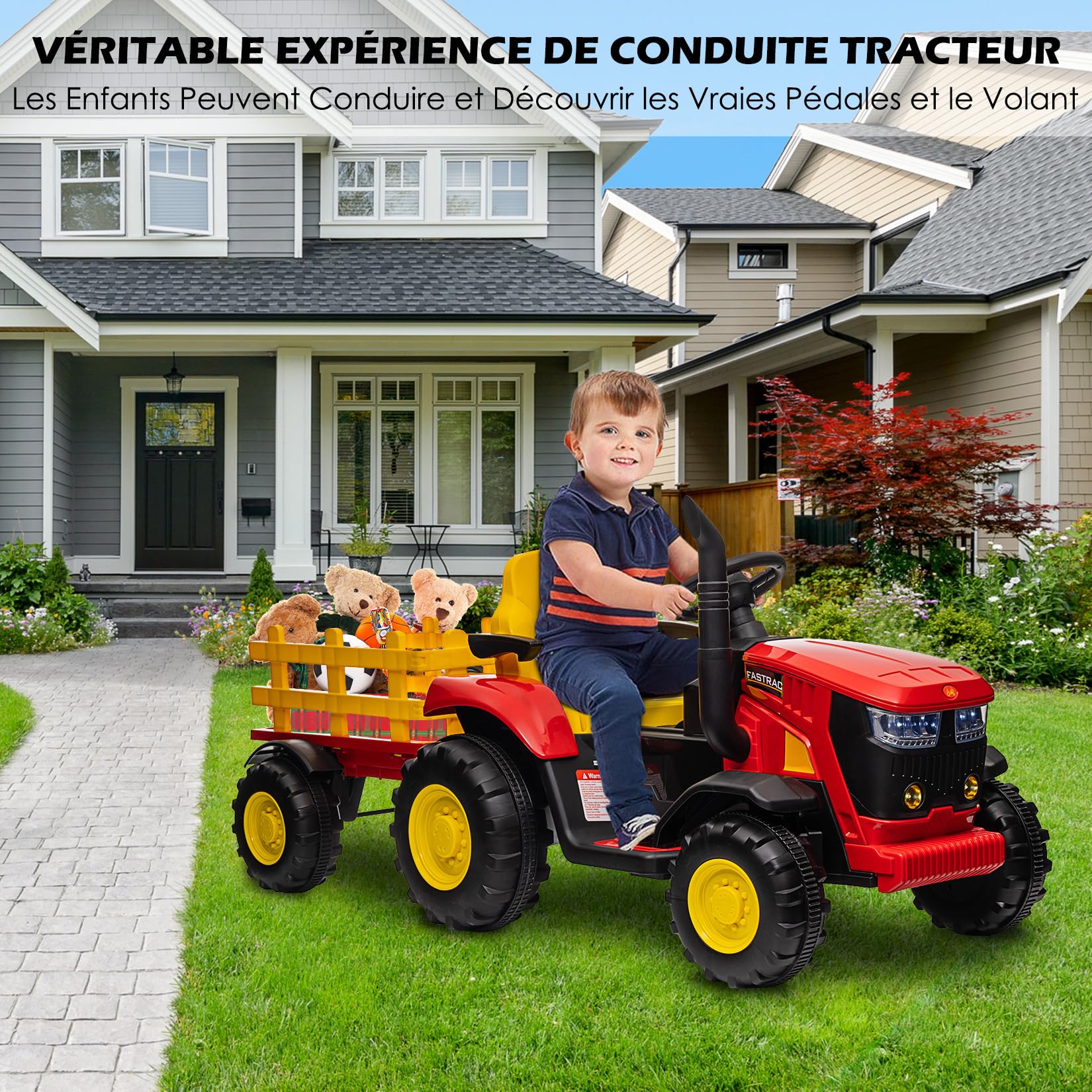 Garvee Elektrischer Traktor mit Anhänger, 12V Kinder Aufsitztraktor mit LED, Musik, Hupe,Doppelter 35W Motor, Kinderfahrzeug mit Fernbedienung 3-6km/h für 3+ Jahre Kinder (Rot)